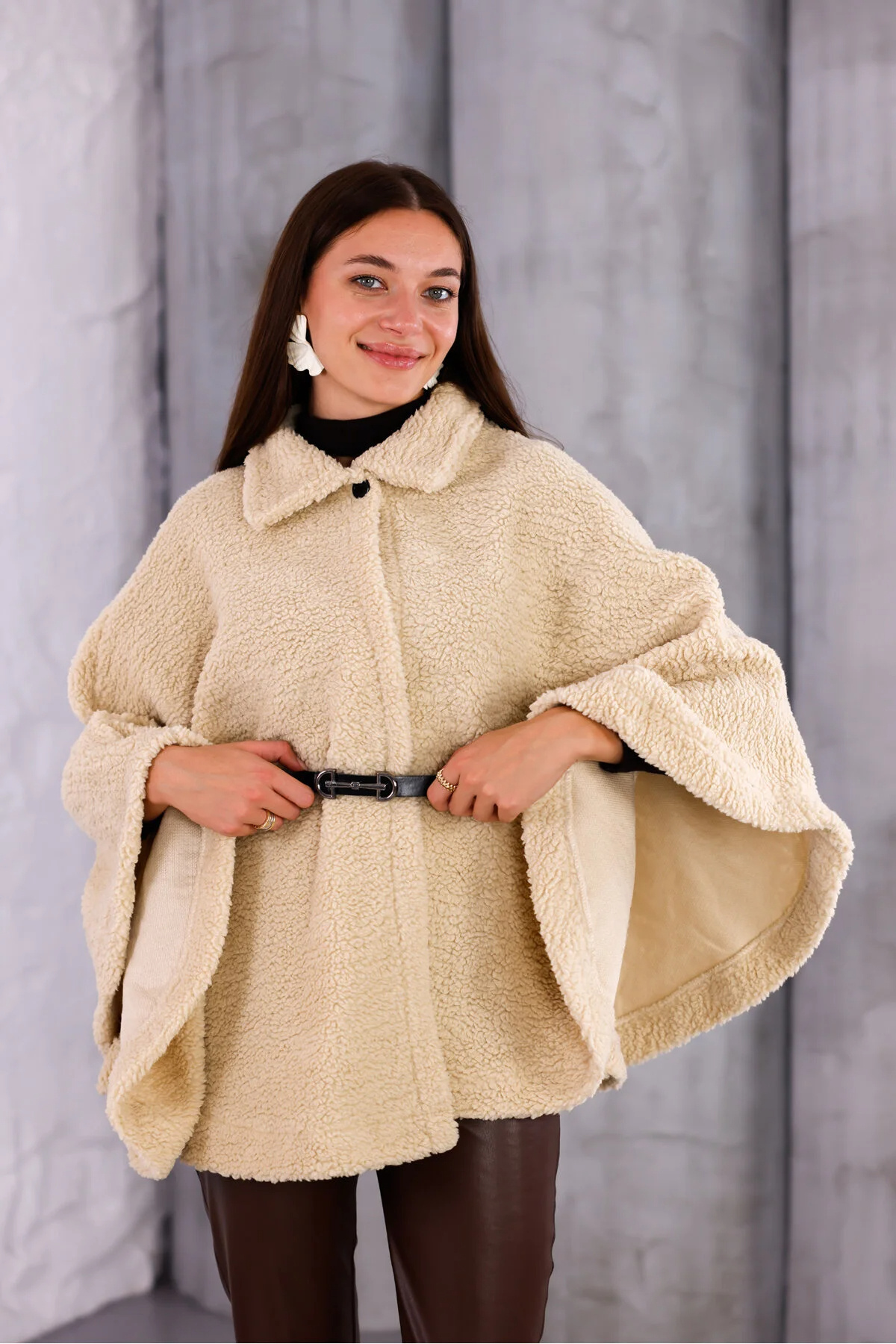 Plush Women's Beige Belted Poncho