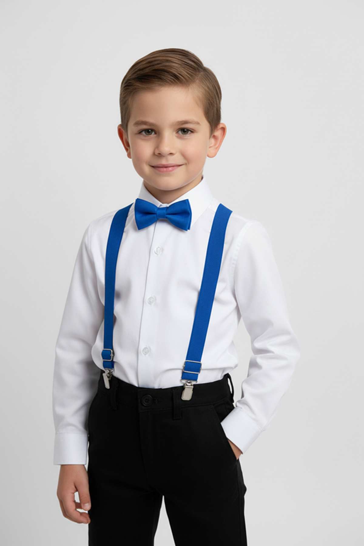 Boys Long Sleeve White Shirt and Blue Strap Bow Tie Set