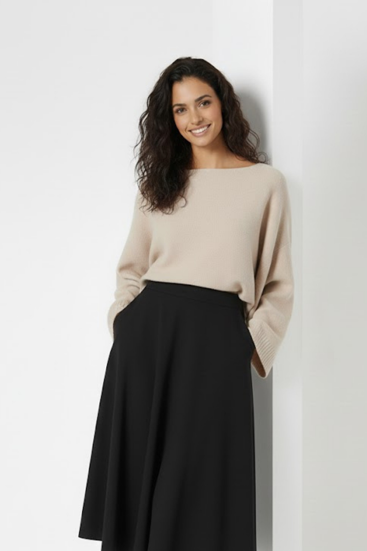 Devinka  Kadın Bej Yarasa Kol Yumuşak Doku Kayık Yaka Triko Kazak - Görsel 4