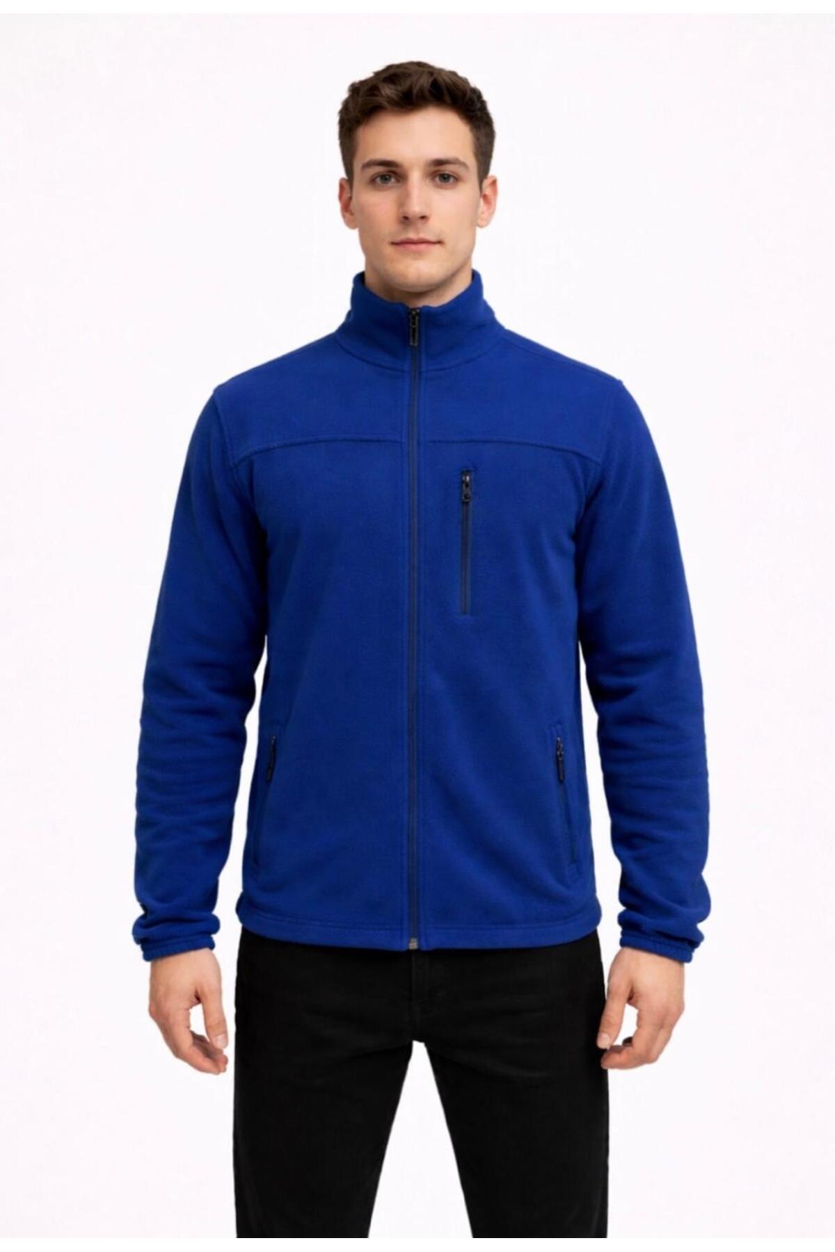 Erkek İndigo Polar Fermuarlı Hakim Yaka Sweatshirt-W1141 — آبی
