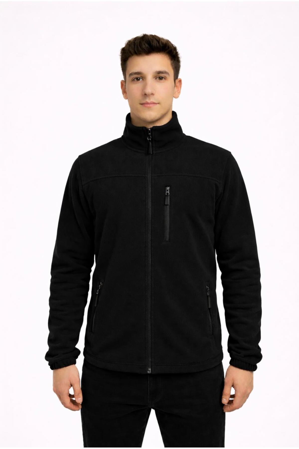 Erkek Siyah Polar Fermuarlı Hakim Yaka Sweatshirt-W1141 — مشکی