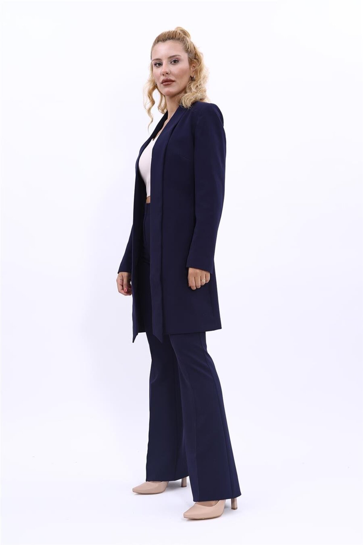 Shawl Collar Pocket Long Jacket & Spanish Leg Pants-Navy
