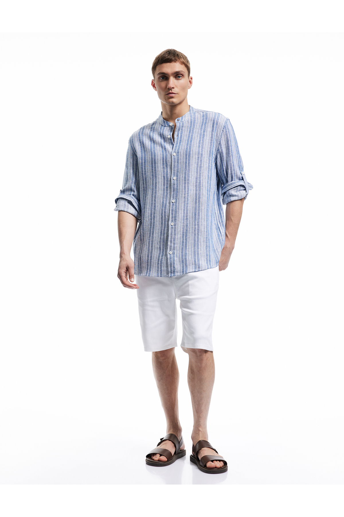 کوتون پیراهن آستین بلند یقه ماندارین راه راه از جنس کتان ویسکوز، سایز معمولی، دکمه‌دار