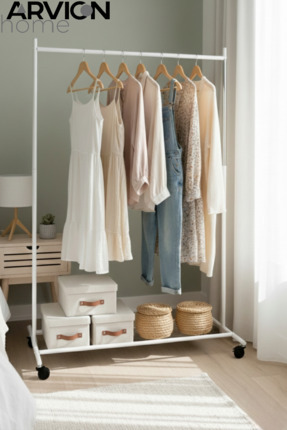 ARVİONHOME Beyaz Pratik Tekerlekli Konfeksiyon Askısı - Kıyafet Standı ve Org...