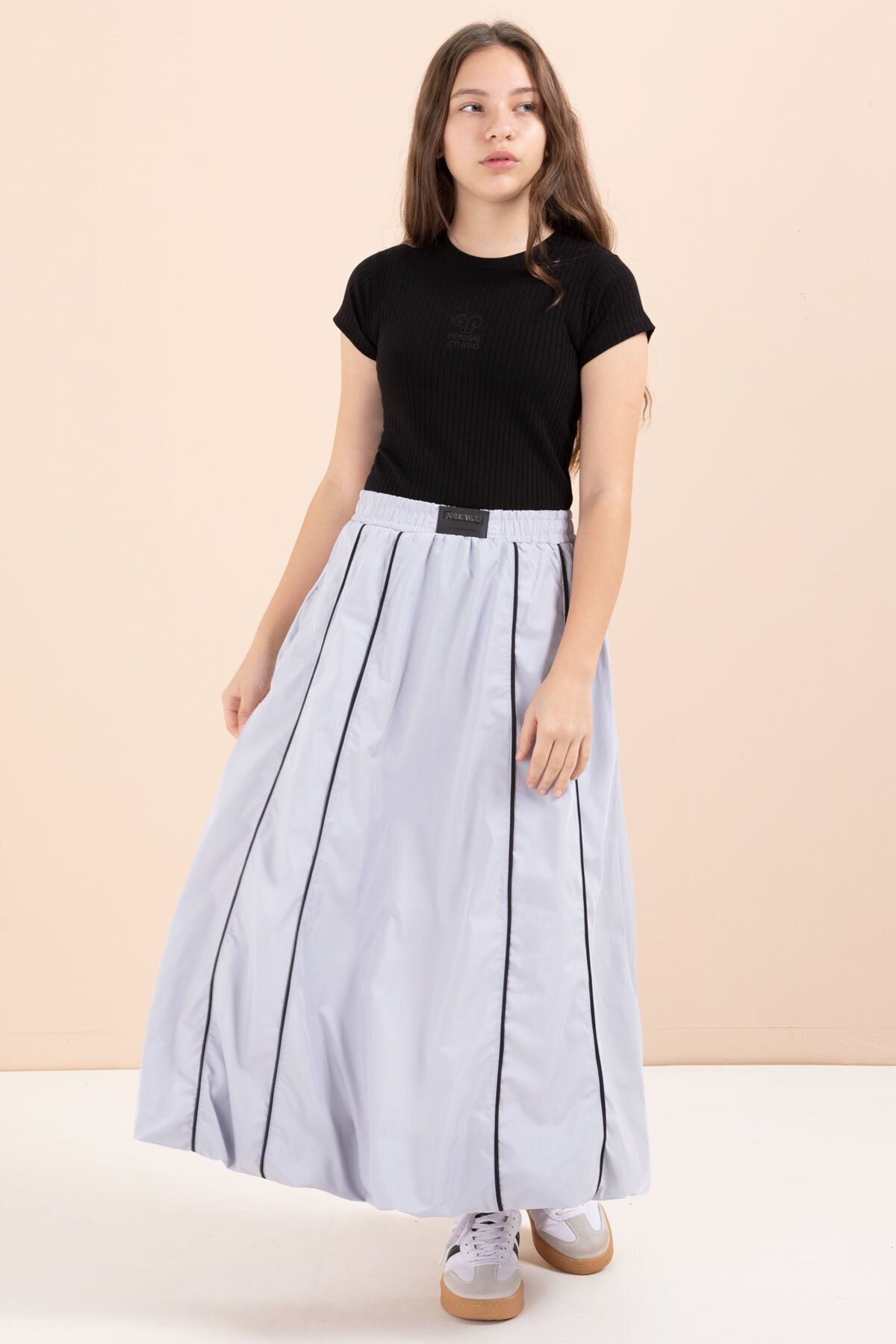 2pcs Girls Set with Gray Striped Balloon Skirt and Short Sleeve Badle 23461