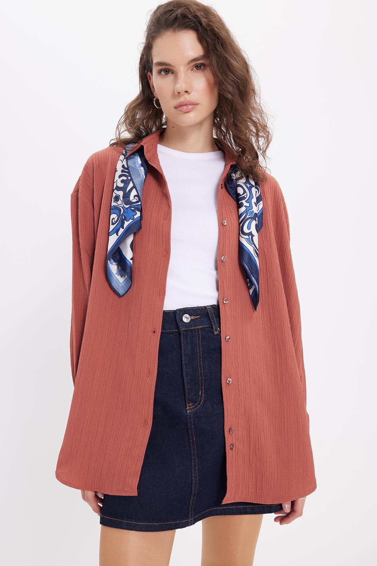 Women's Oversized Wide Cut Burdock Collet Detailed Long Sleeve Textured Dusty Rose Shirt