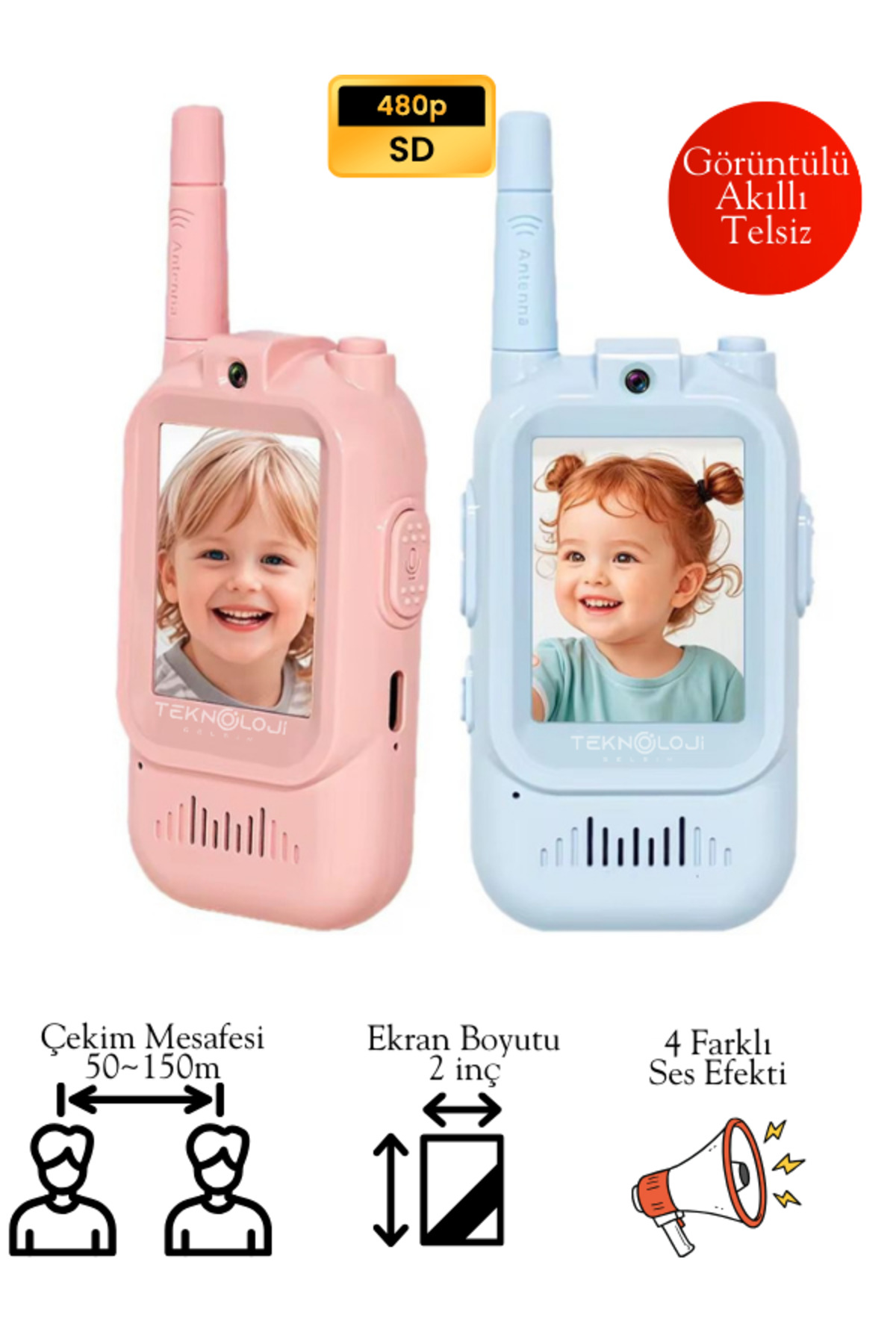 Yellowtech Akıllı Çocuk Telsizi Seti | Görüntülü Ekranlı, Karşılıklı Konuşma, 2 Adet Oyuncak Walkie Talkie fotoğrafı 3 (önizleme)