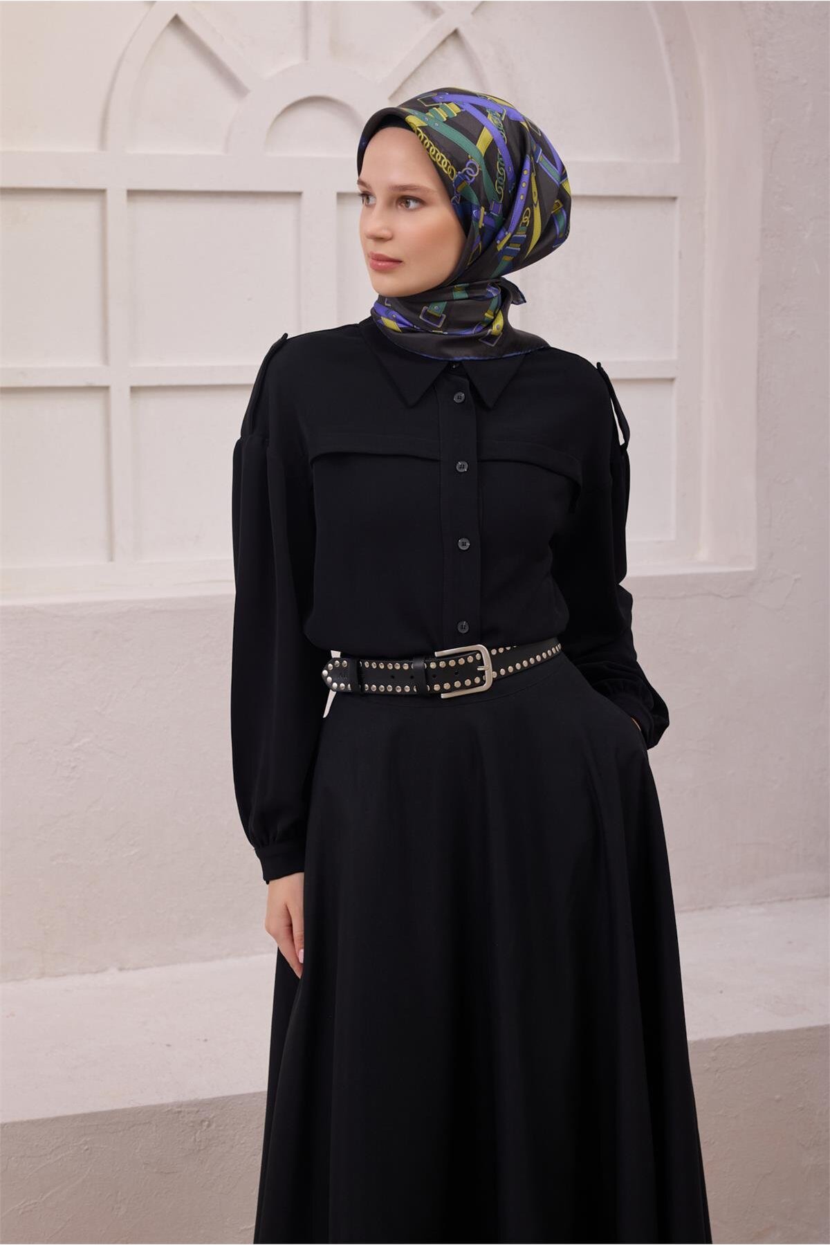 Antrasit Kemer Desen %100 Twill İpek Eşarp 4200 - 51