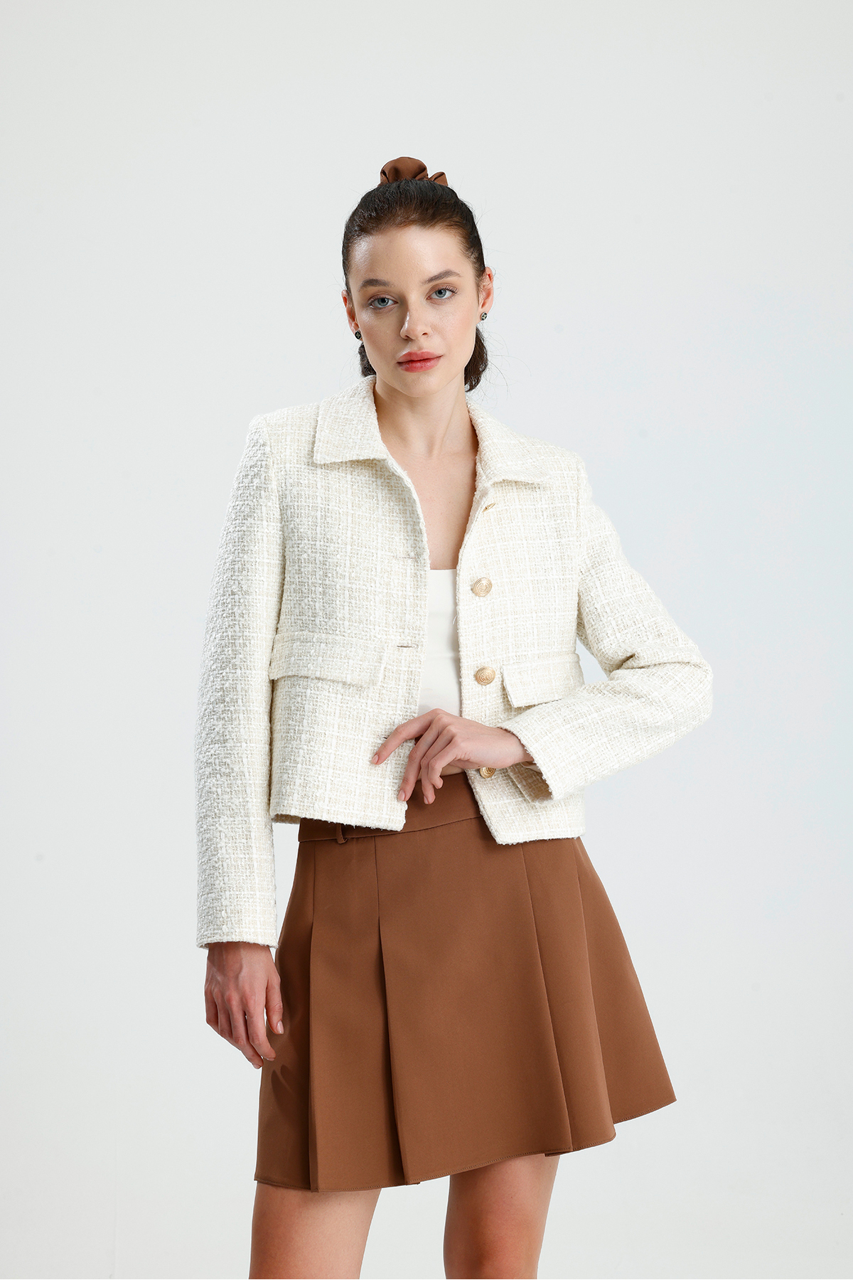 ONE WEAR  Kadın Dore Düğmeli Blazer Tüvit Ceket - Görsel 3