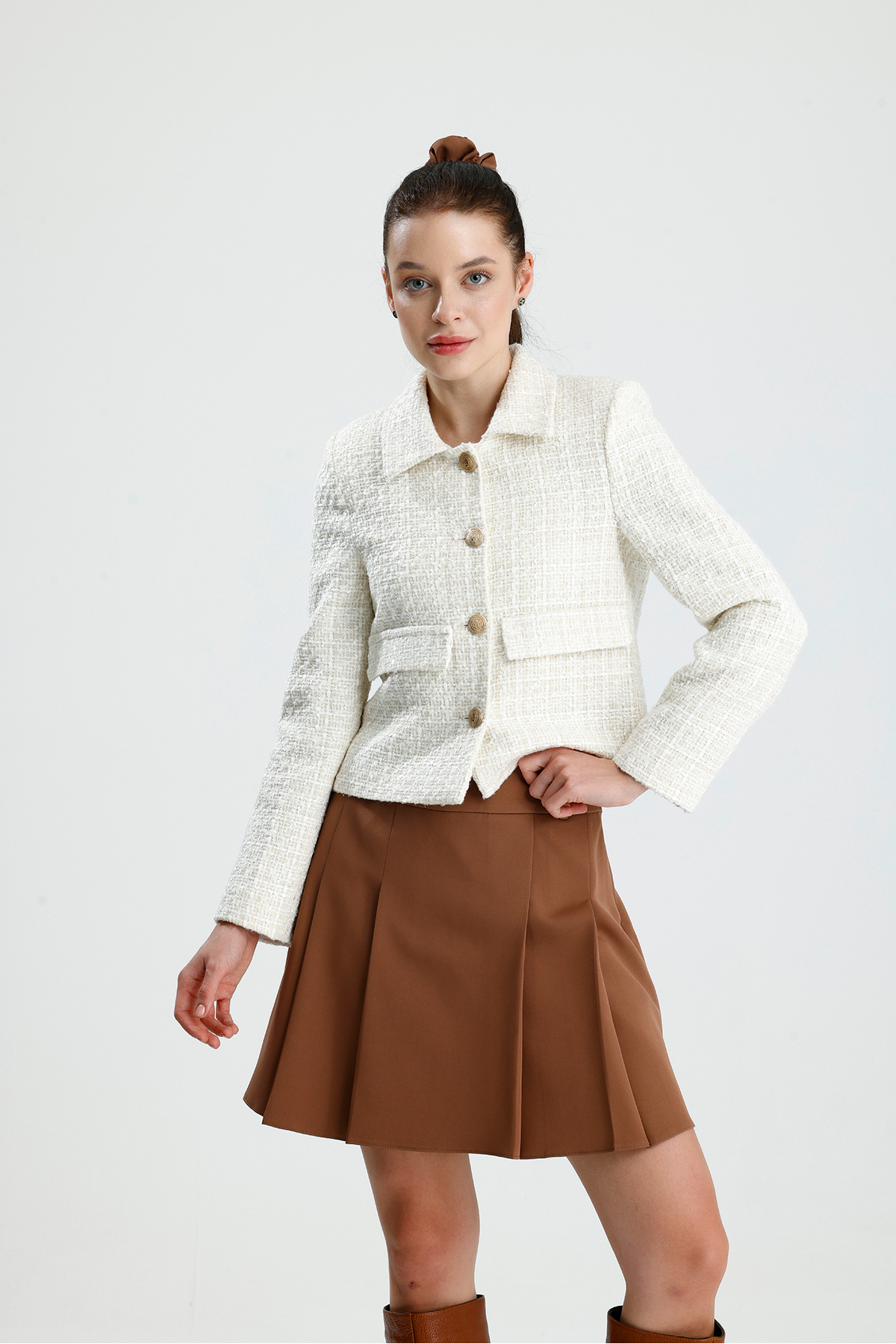 ONE WEAR  Kadın Dore Düğmeli Blazer Tüvit Ceket - Görsel 8