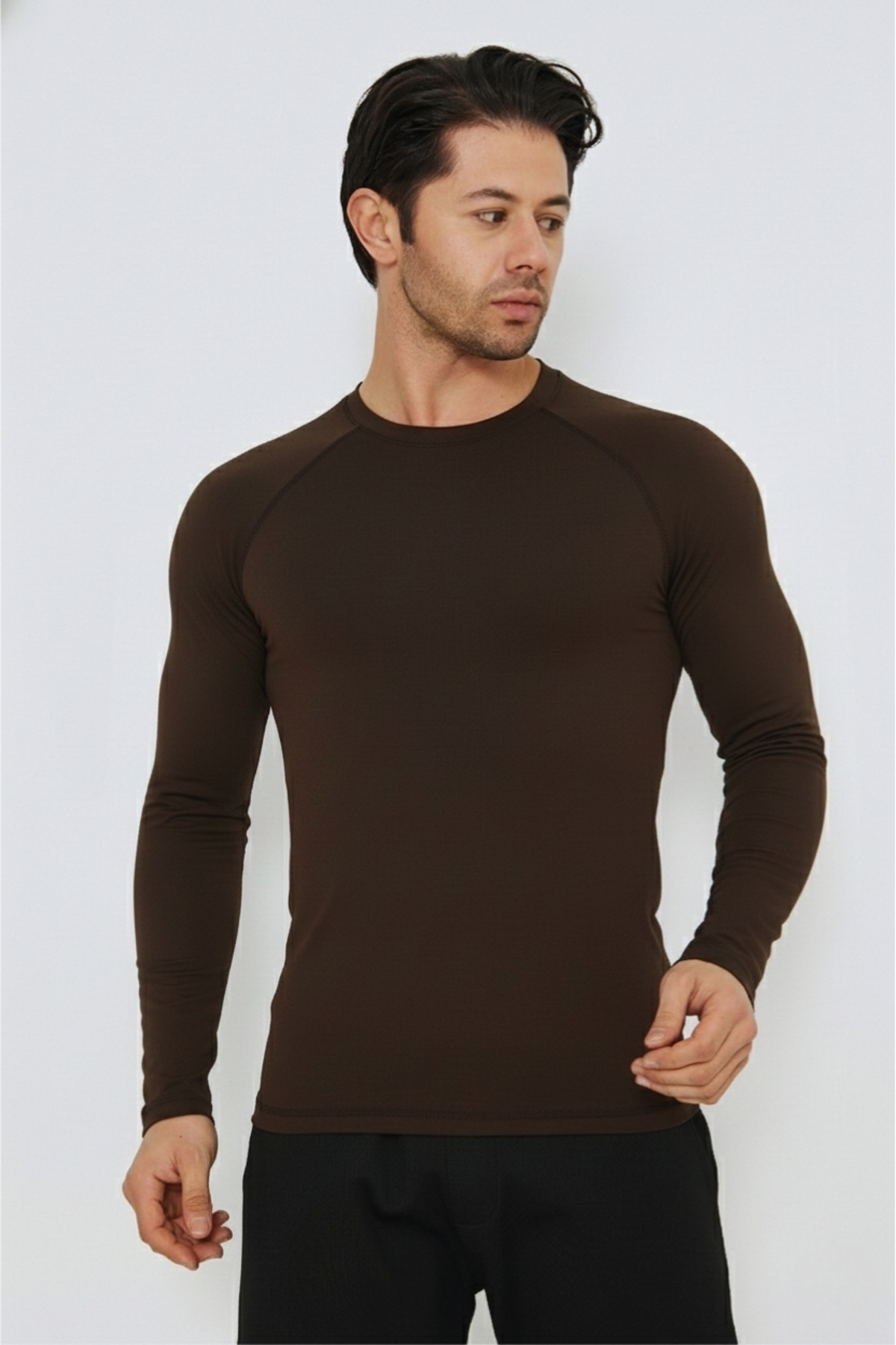 WUCHT Erkek Kahverengi Uzun Kollu Compression Tişört Slim Fit Spor Fitness Gym