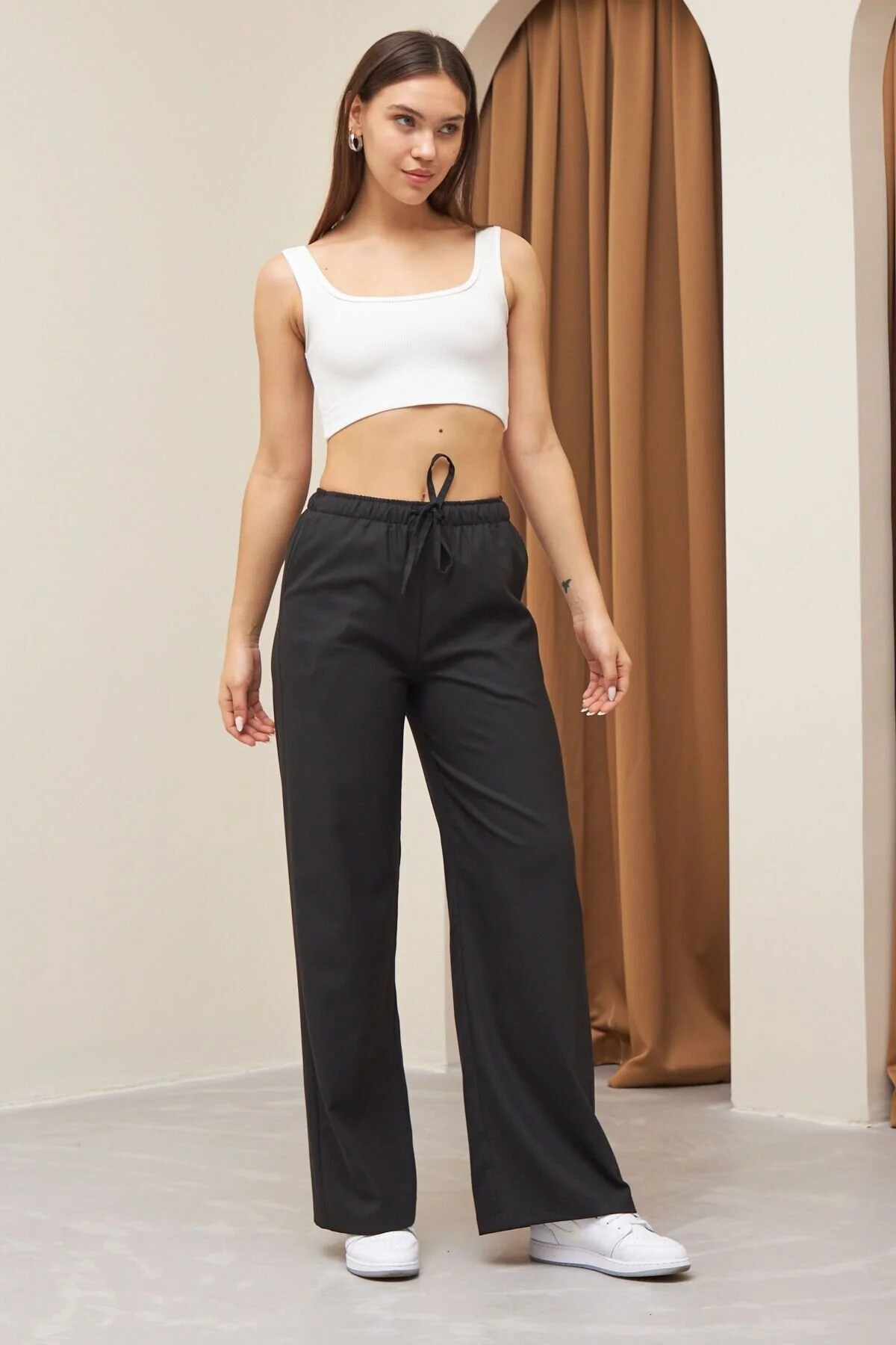 My Blog Siyah Beli Lastikli Poliviskon Bol Paça Pantolon - 3333 görsel 2