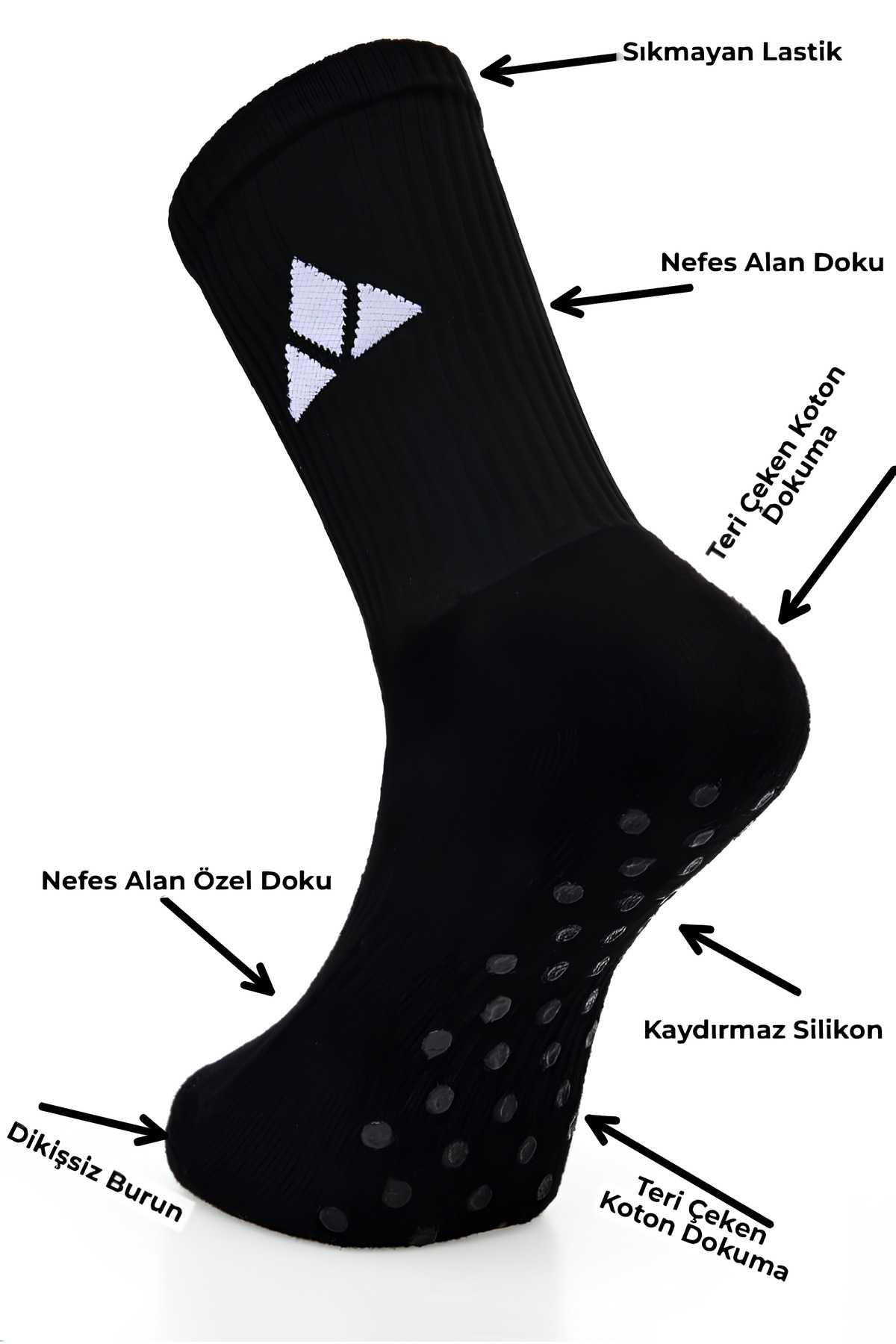 MGC SPOR 2'li SİYAH Dikişsiz Burun Nefes Alan Kaydırmaz Tabanlı ÇorapFutbol,Basket,Tenis,Yoga,Plates