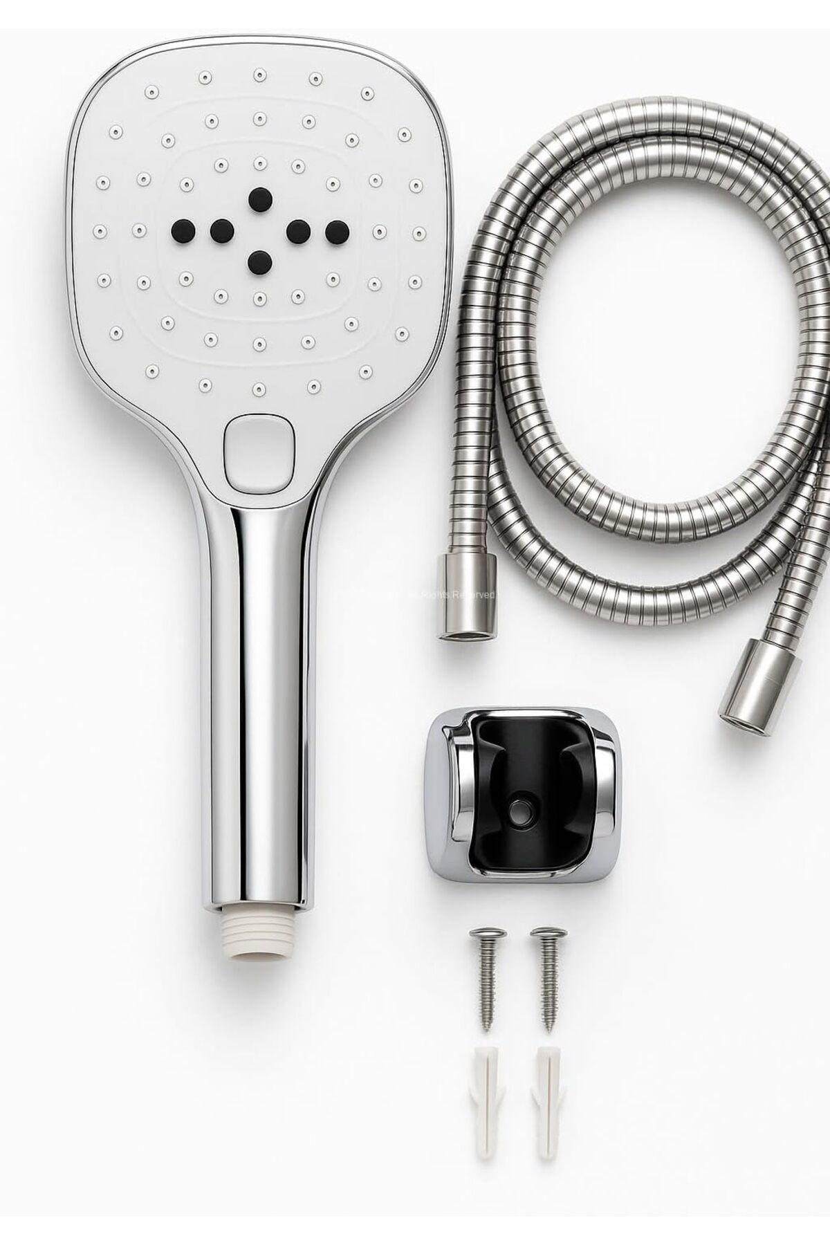 BRF MRT Spiralli Duş Başlığı Seti, 3 Fonksiyonlu Tuşlu Geniş Gövde Krom Duş Başlığı, 150 cm Duş Hortumu,