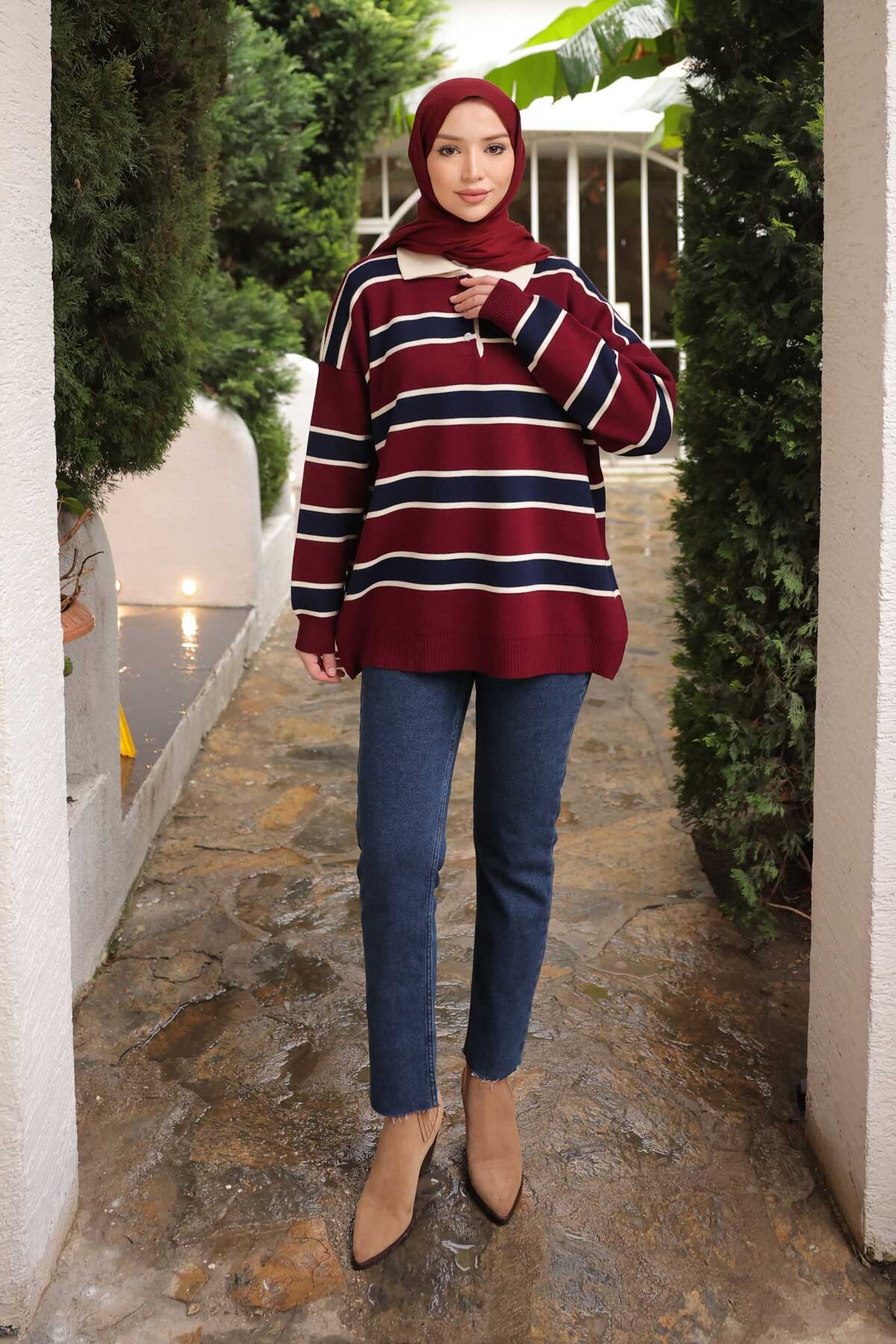 İmajButik Bordo Çizgili Yakalı Triko Kazak görsel 2