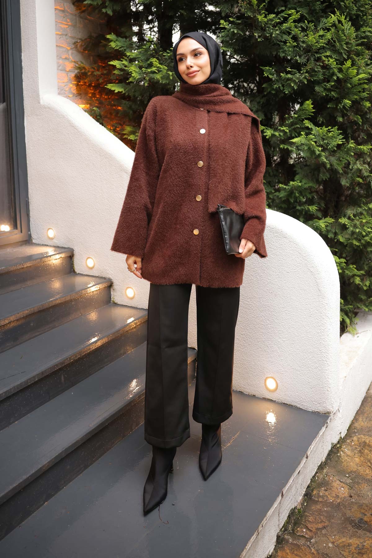 İmajButik  Kahverengi Atkı Detaylı Angora Yumoş Triko Hırka - Görsel 3