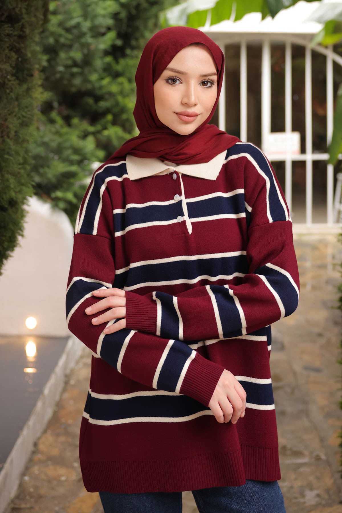 İmajButik Bordo Çizgili Yakalı Triko Kazak görsel 3
