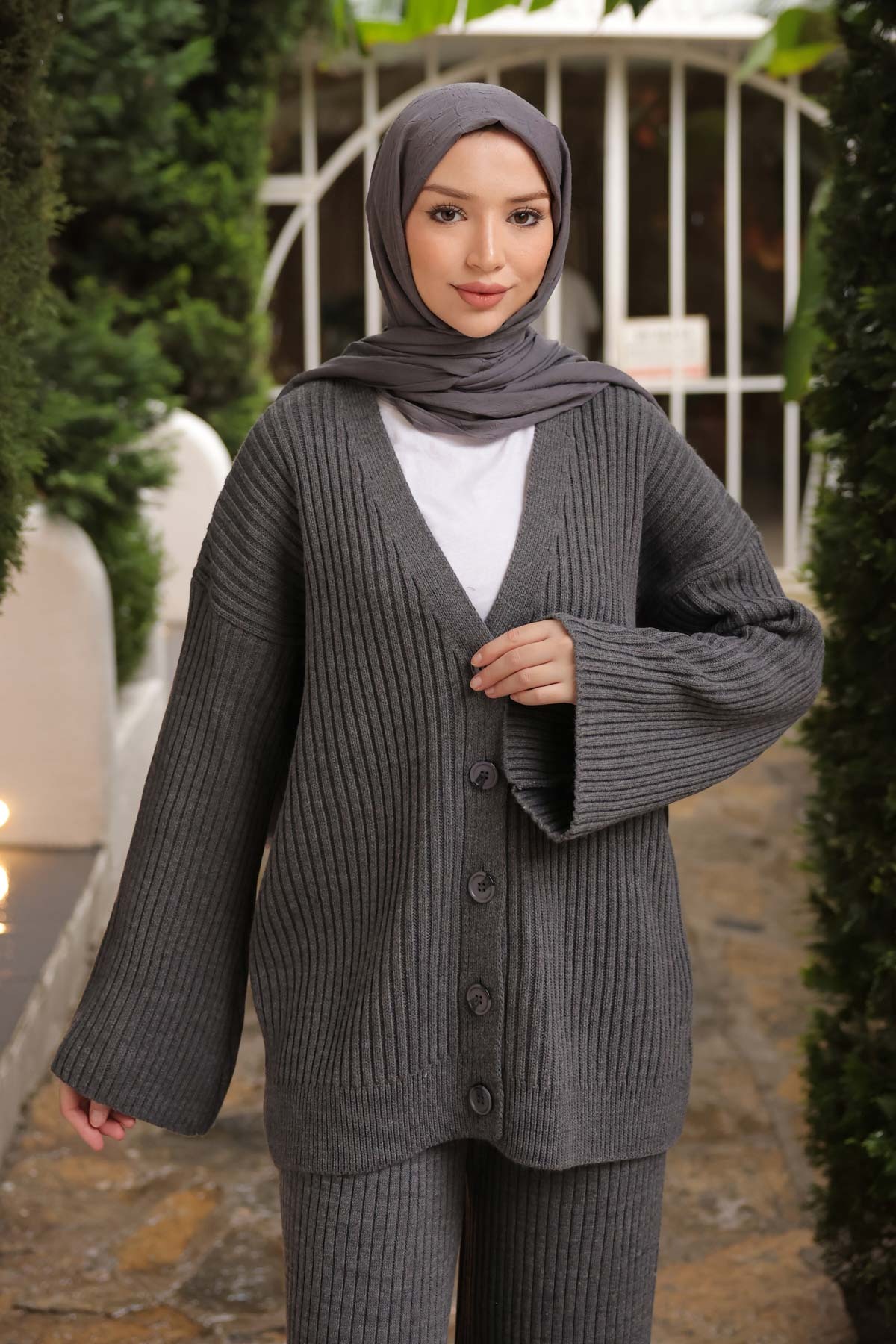 İmajButik Füme Selanik Örme Hırka Pantolonlu Triko Takım görsel 4