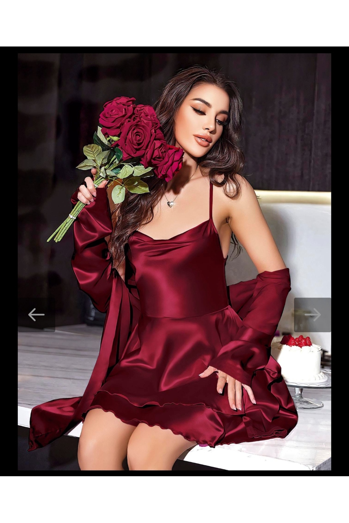 ELEANA Özel Tasarım Sırt Dekolteli Sabahlıklı Saten Bordo 2'li Gecelik Takımı