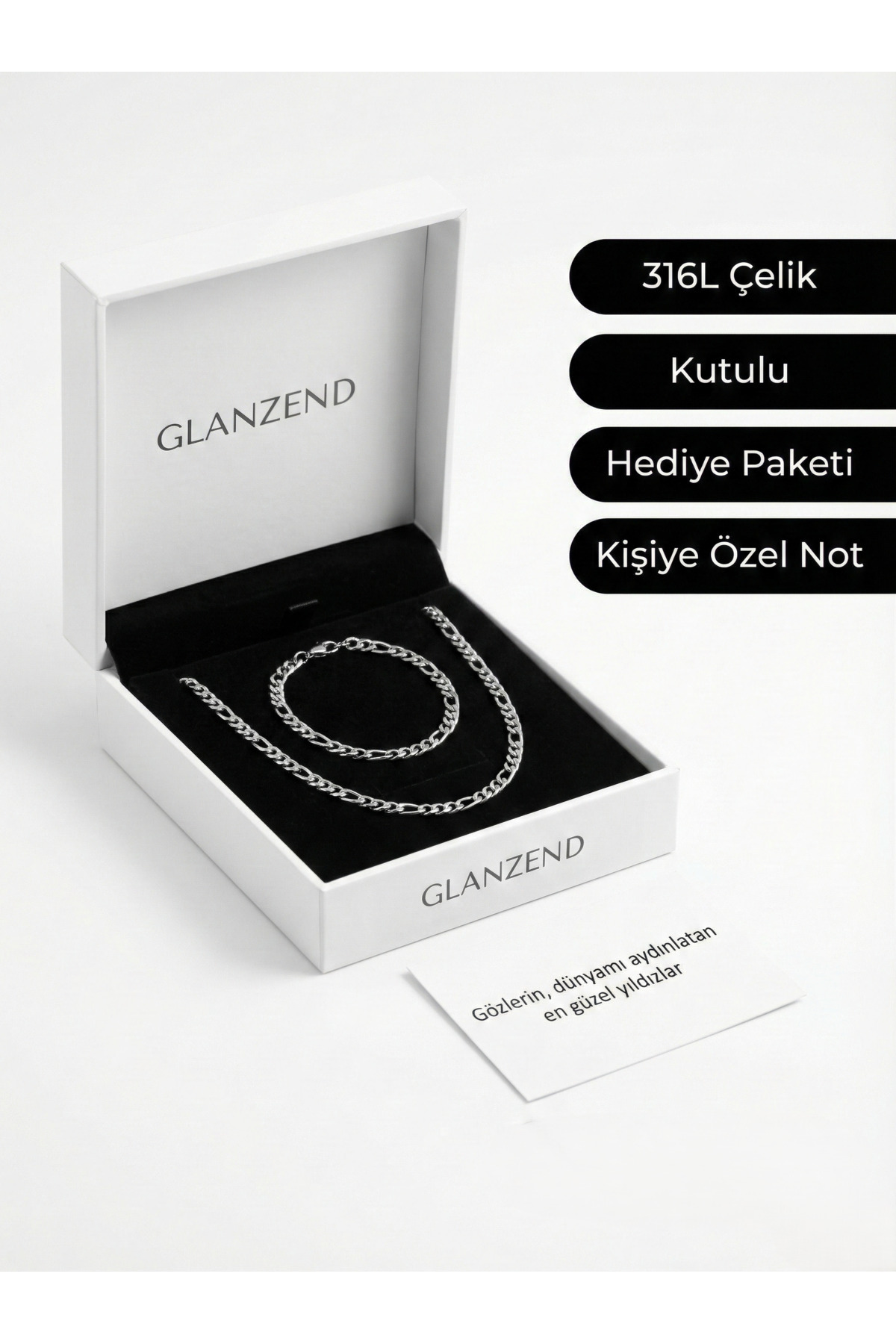 GLANZEND Yılbaşı Hediyesi Erkek Çelik Kolye ve Bileklik Set 2'li