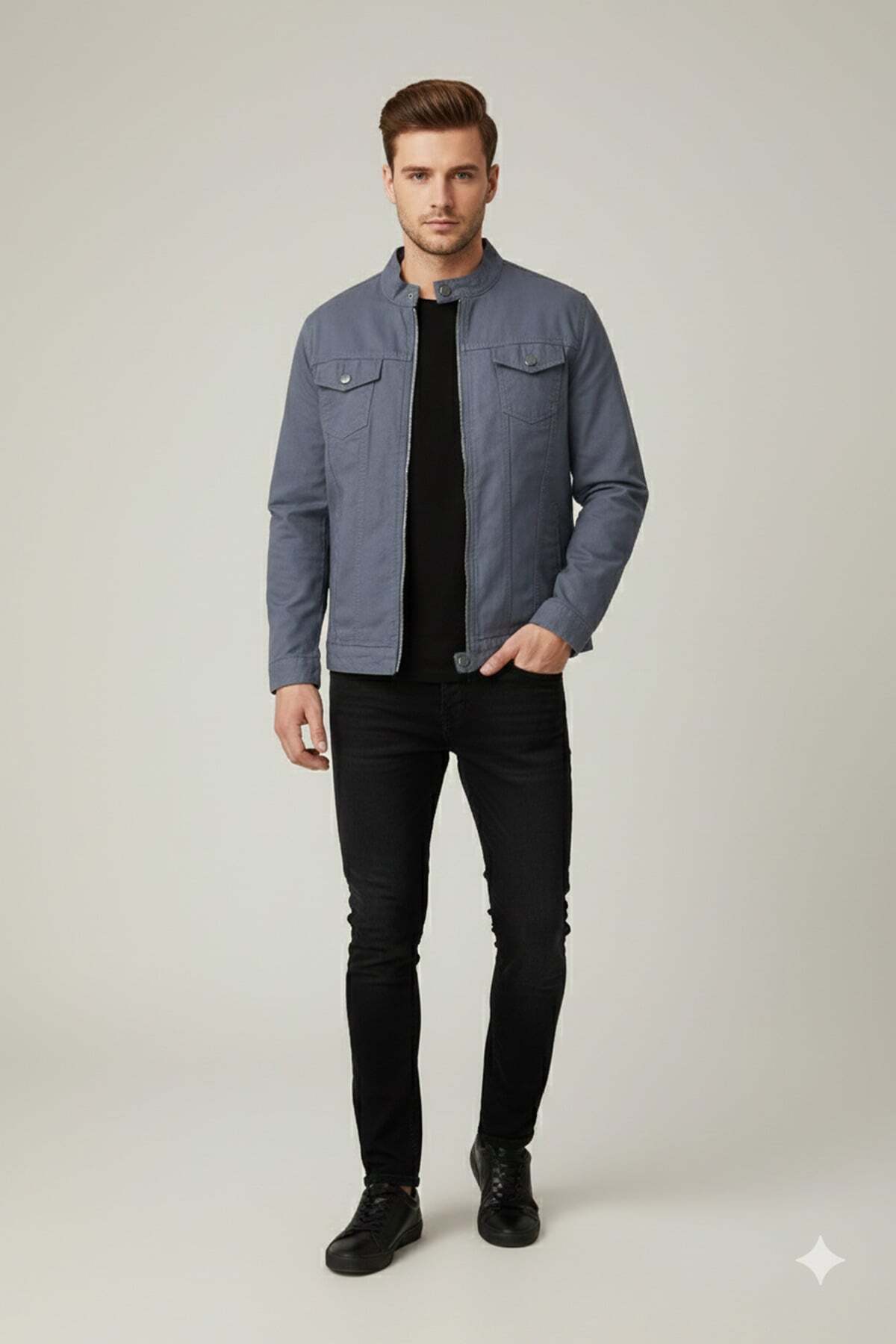 KAMİLKUNDURA  Fermuarlı Cepli Hakim Yaka Kot Ceket