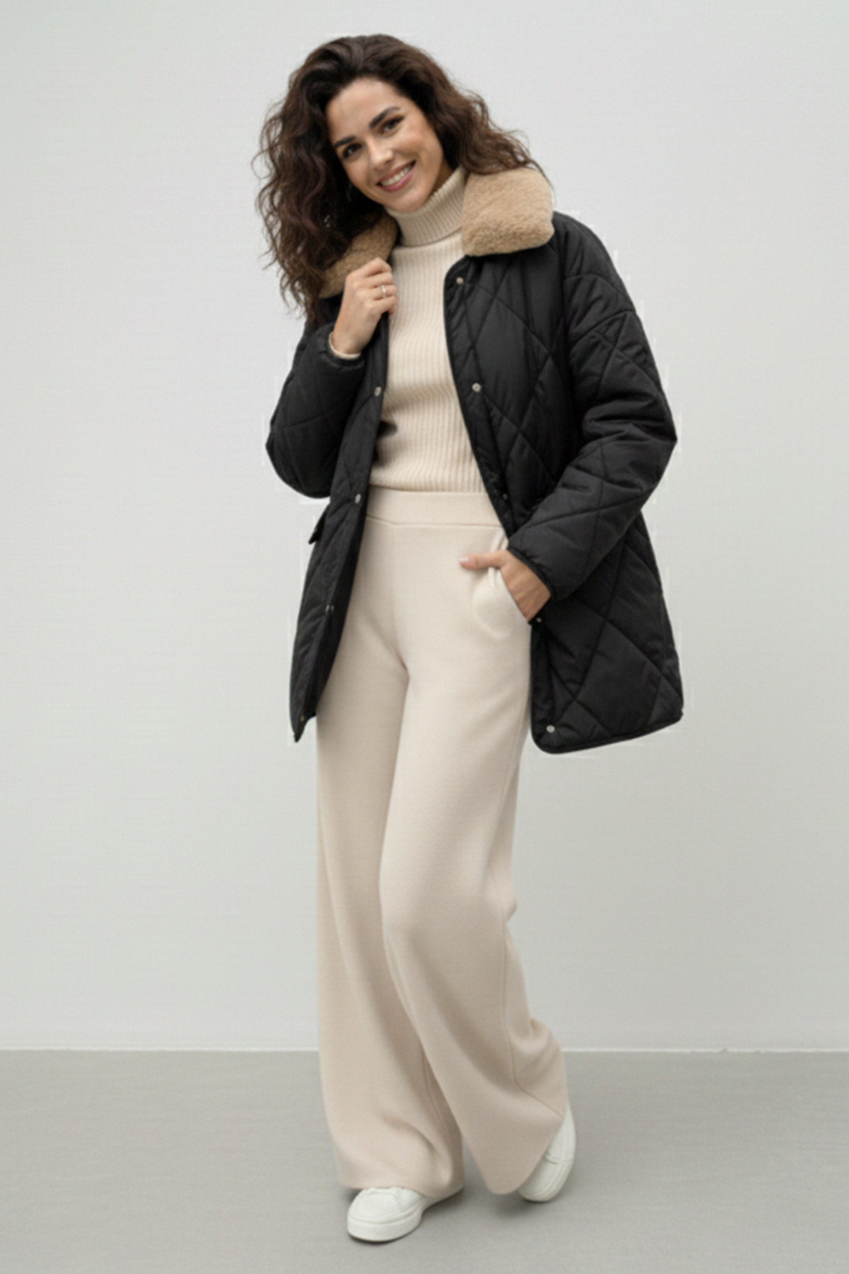 benguen  Yakası Kürklü Kapitone Mont K9180 Siyah