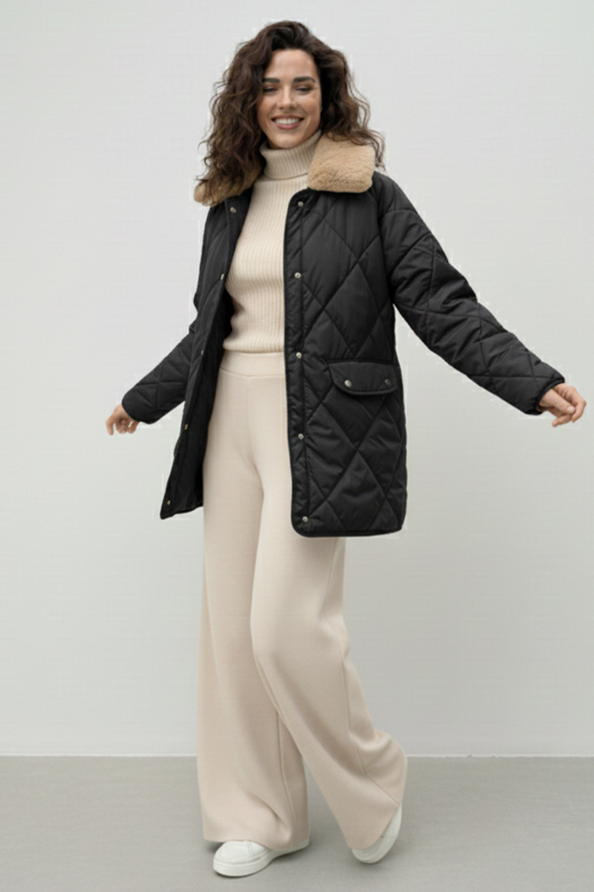 benguen  Yakası Kürklü Kapitone Mont K9180 Siyah - Görsel 2