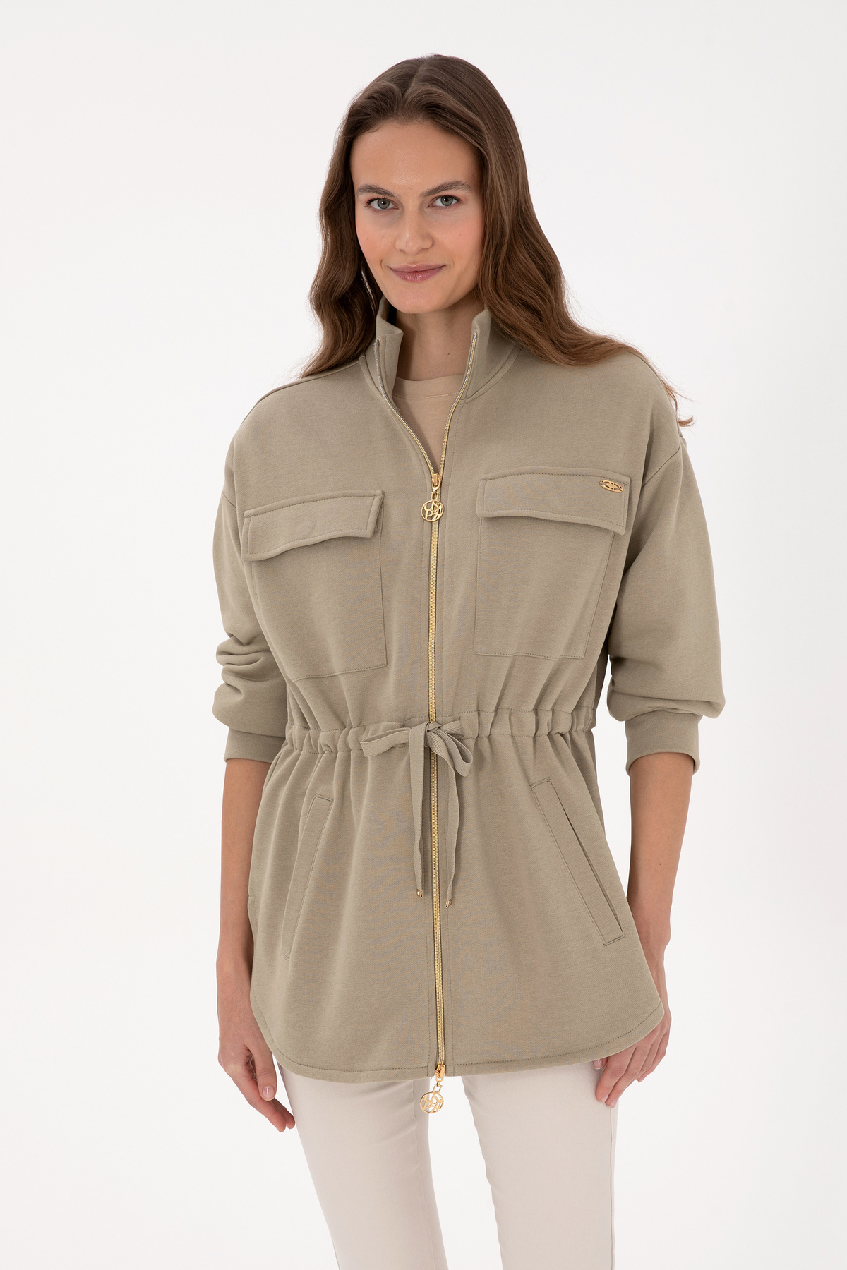 U.S. Polo Assn.  Kadın Açık Haki Fermuarlı Dik Yaka Sweatshirt 50318035-VR183 - Görsel 3