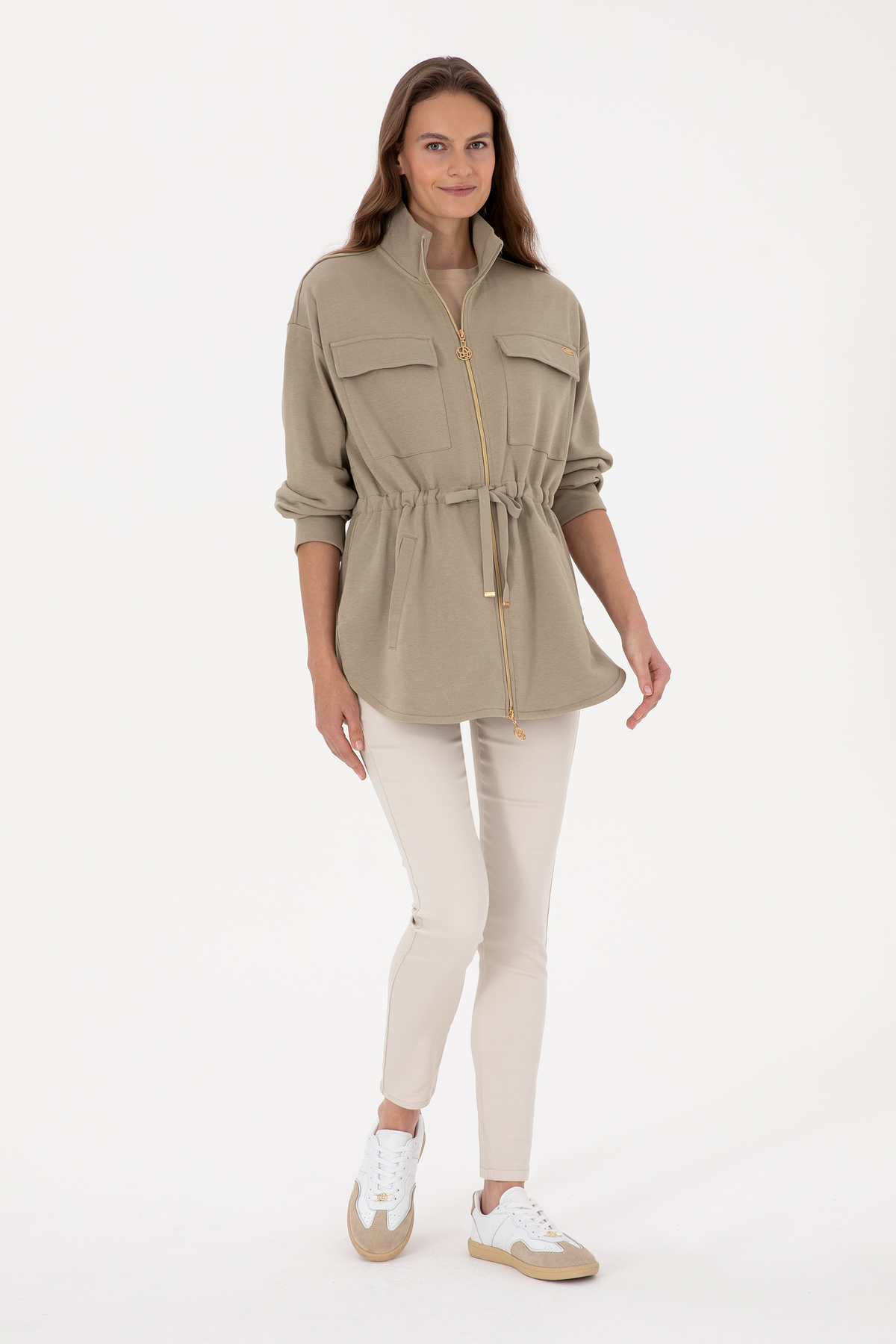 U.S. Polo Assn.  Kadın Açık Haki Fermuarlı Dik Yaka Sweatshirt 50318035-VR183 - Görsel 4