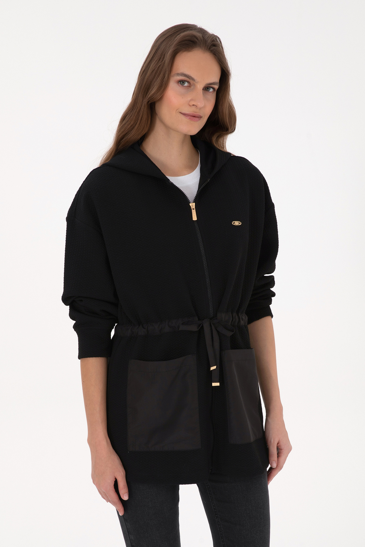 U.S. Polo Assn.  Kadın Siyah Fermuarlı Kapüşonlu Sweatshirt 50318098-VR046