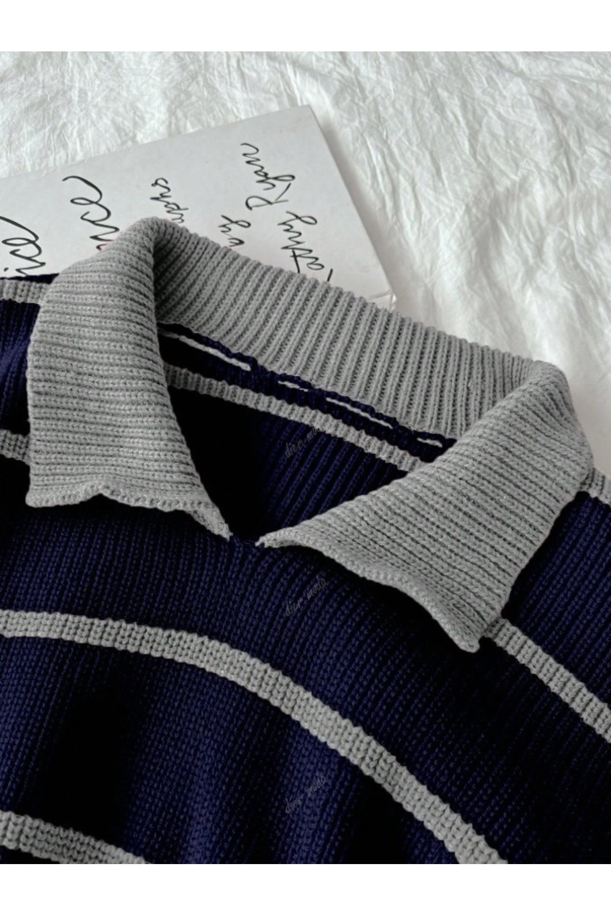 Dier Moda  Gri Lacivert Selanik Örgü Polo Yaka Oversize Triko Kazak, Kadın Kazak Fmoda101 - Görsel 4