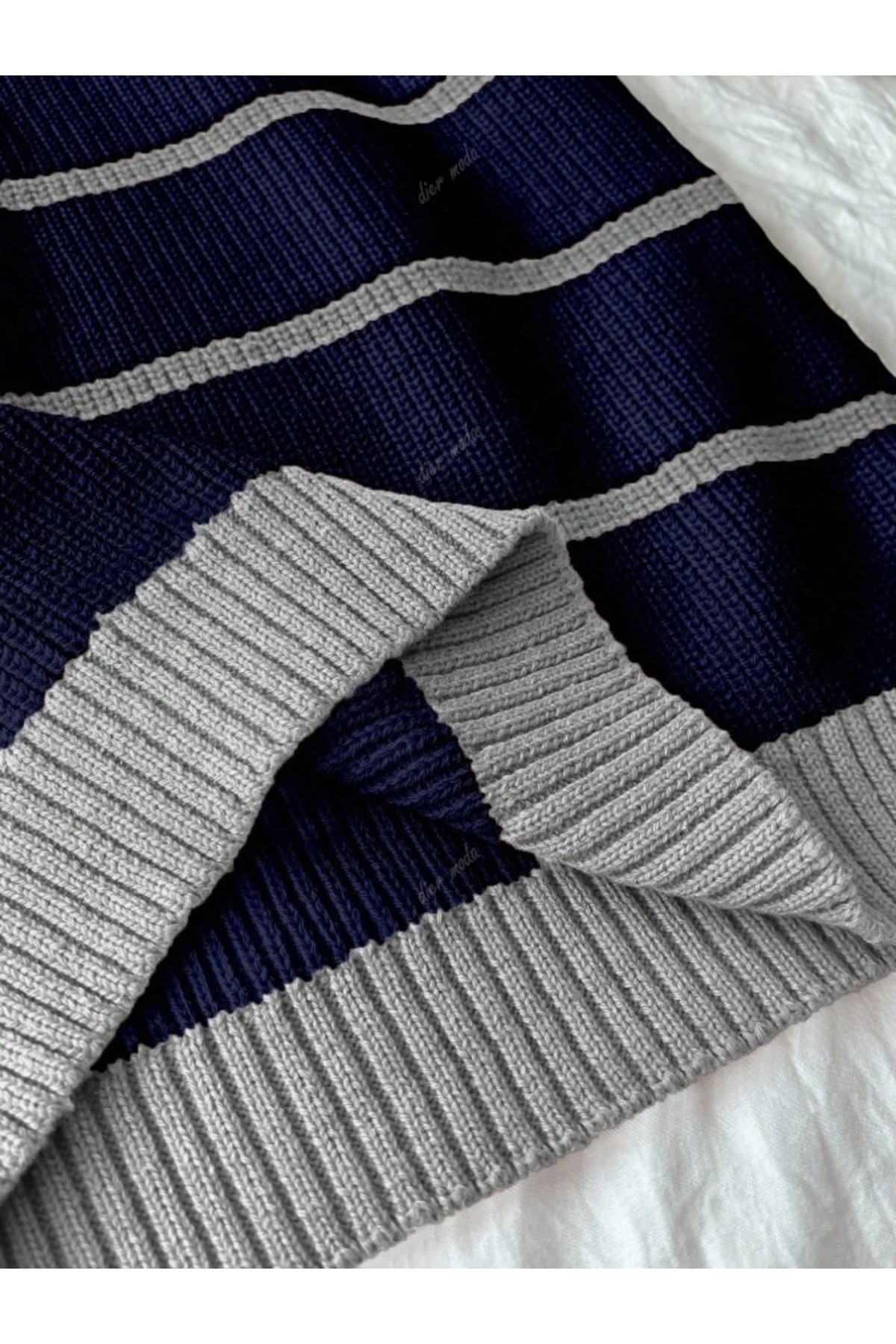 Dier Moda  Gri Lacivert Selanik Örgü Polo Yaka Oversize Triko Kazak, Kadın Kazak Fmoda101 - Görsel 5