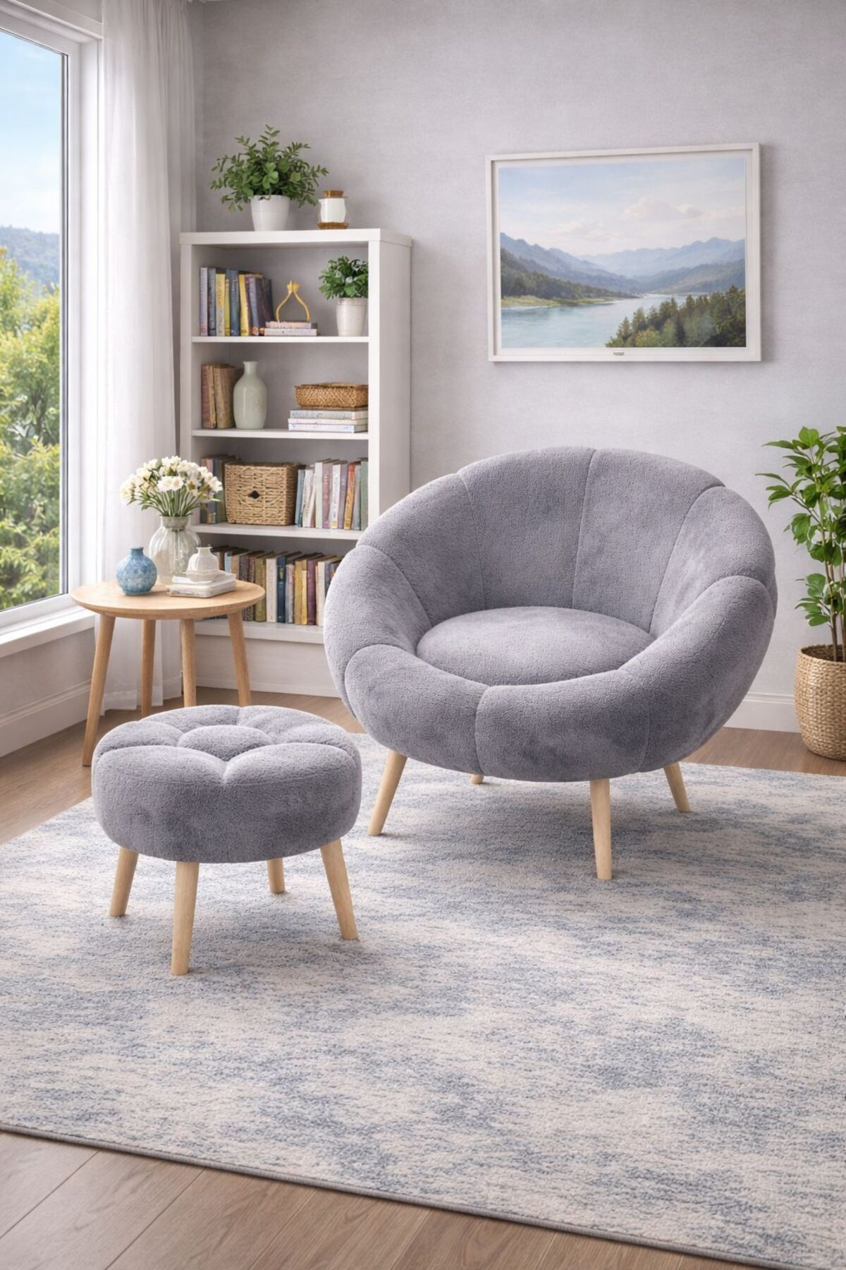 LİDA Single Sofa Armchair Wellsoft Gray (LIVING ROOM,BALCONY,OFFICE) with DAISY POUFFE GIFT