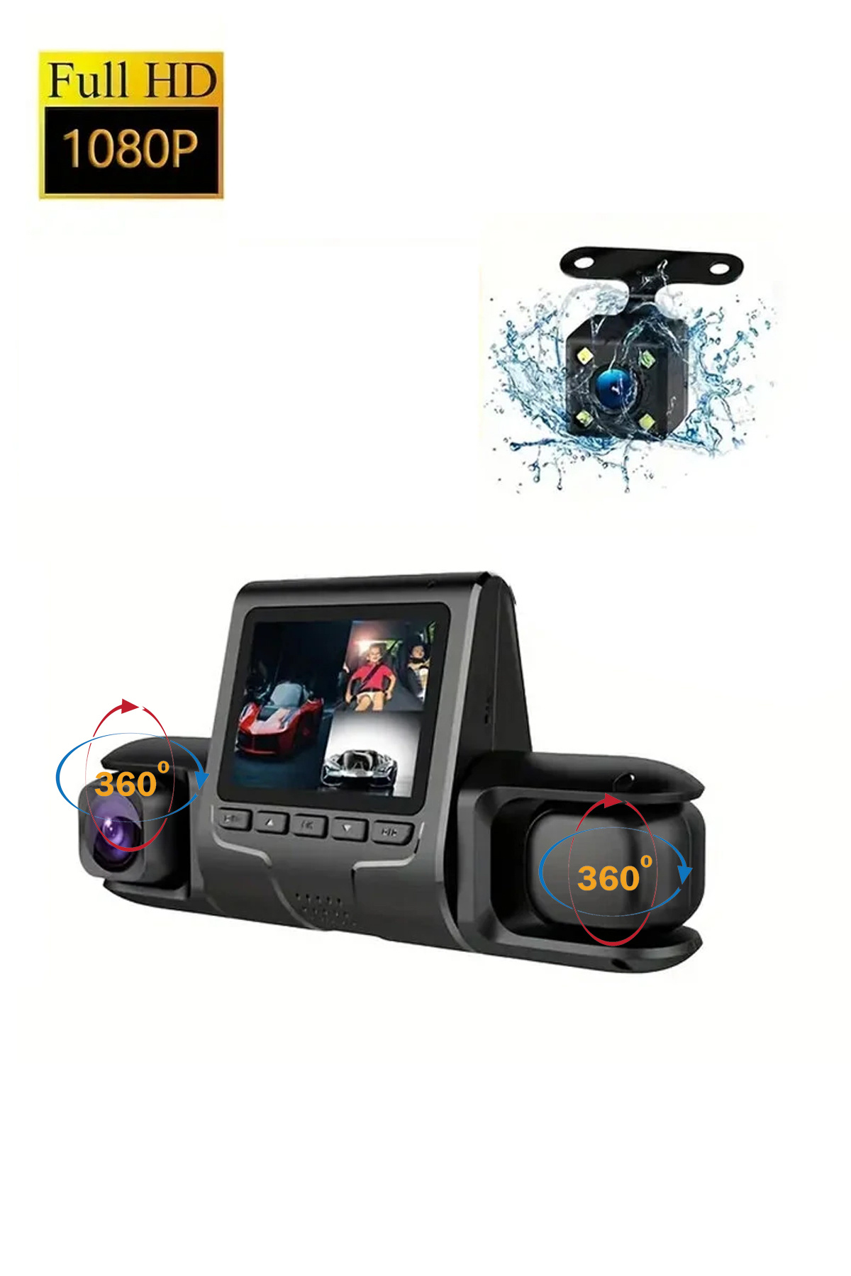 TECHNOMEN 3 Kameralı Araç İçi Kayıt Kamerası - 360° Geniş Açı Full HD Gece Görüşlü Araç Kamerası