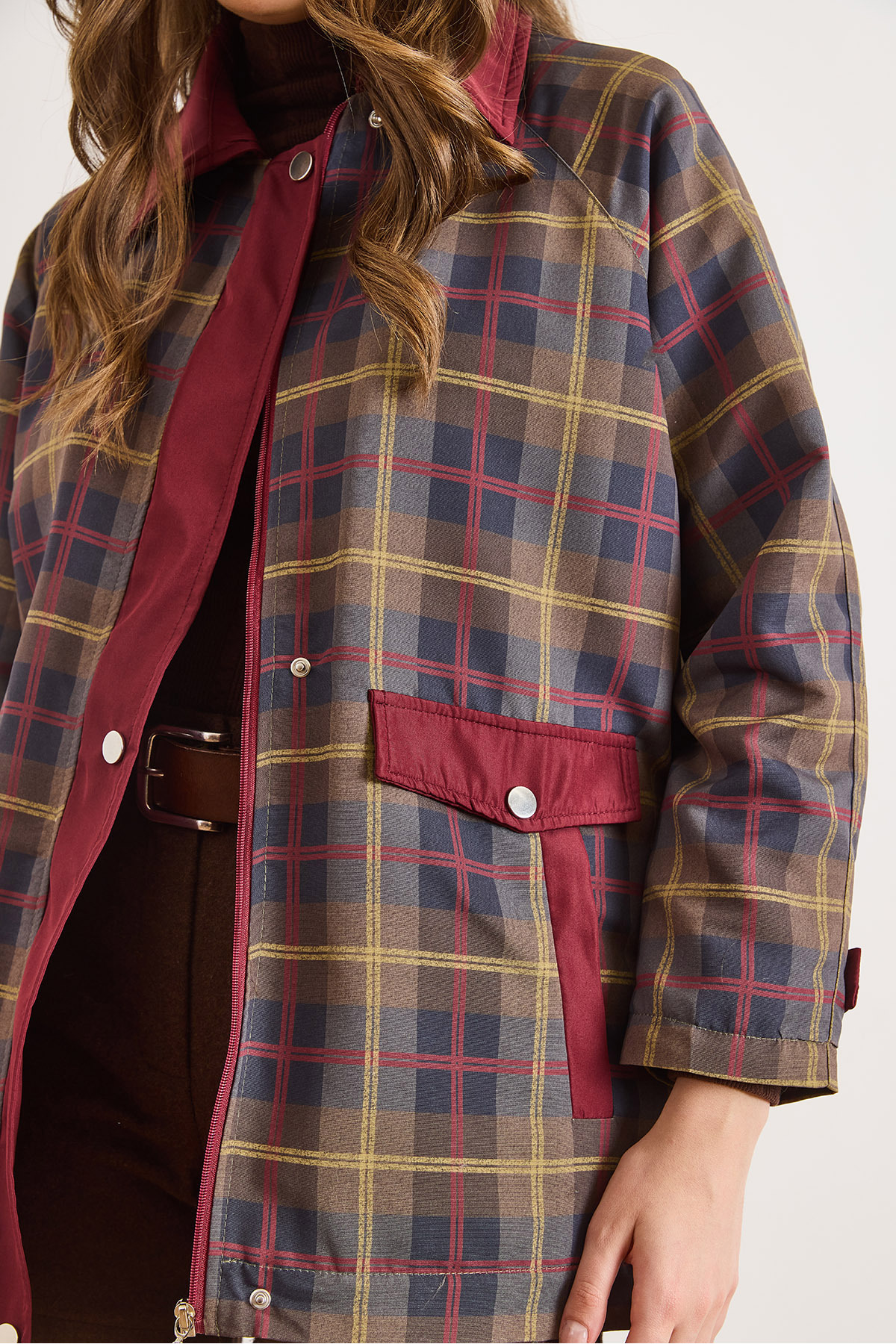 Olalook  Kadın Bordo Kapitone Astarlı Ekose Mont MNT-19000053 - Görsel 4