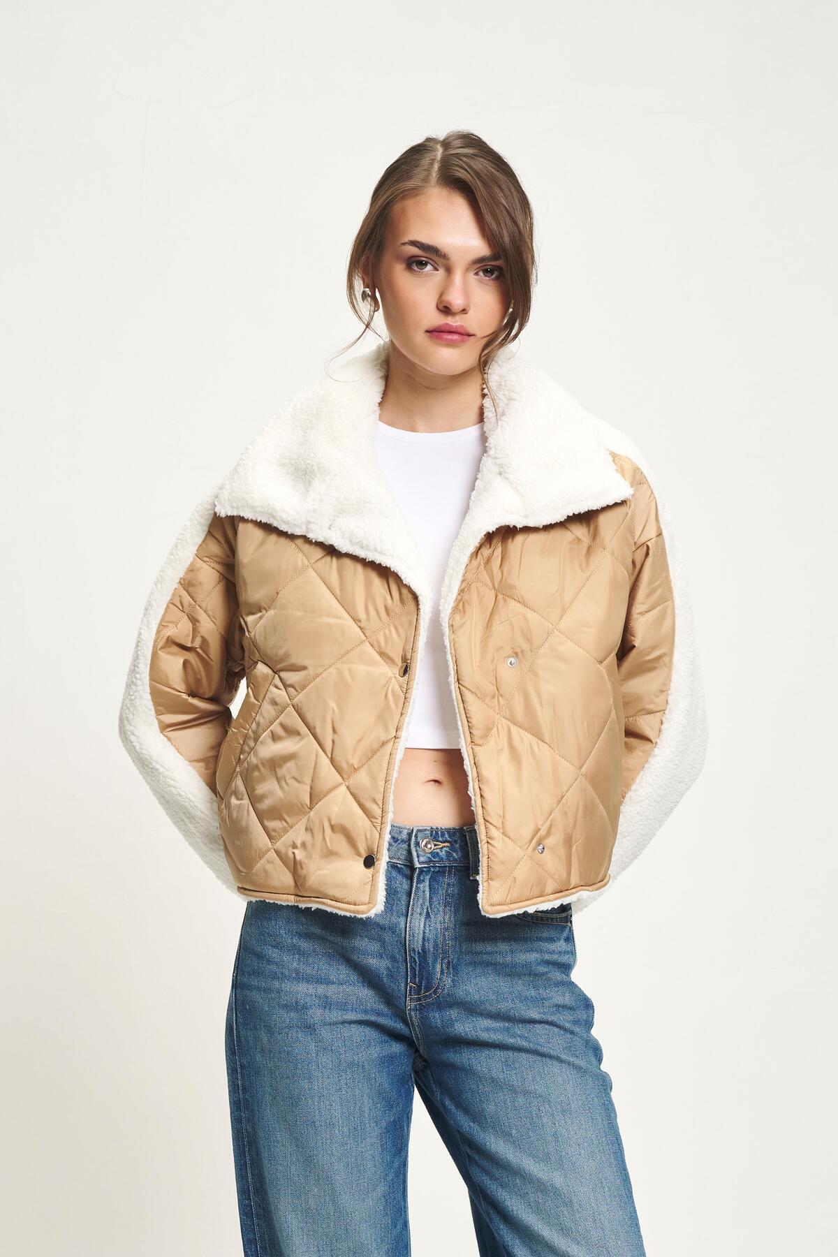 Lijuri  Camel Peluş Garnili Kapitone Mont 7086 R11-C-K4 - Görsel 2