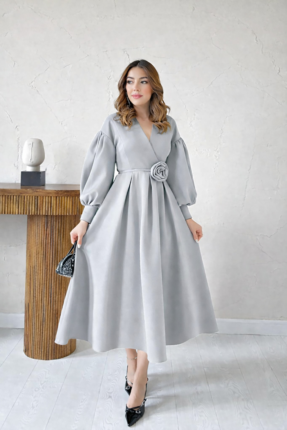 Grey Rose Detail Balloon Sleeve Wrap Collar Pleated Scuba Fabric Dress