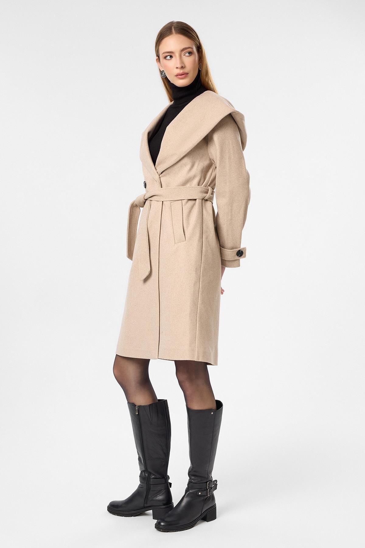 Tiffany Tomato  Kapüşonlu Kaşe Kaban - Görsel 2