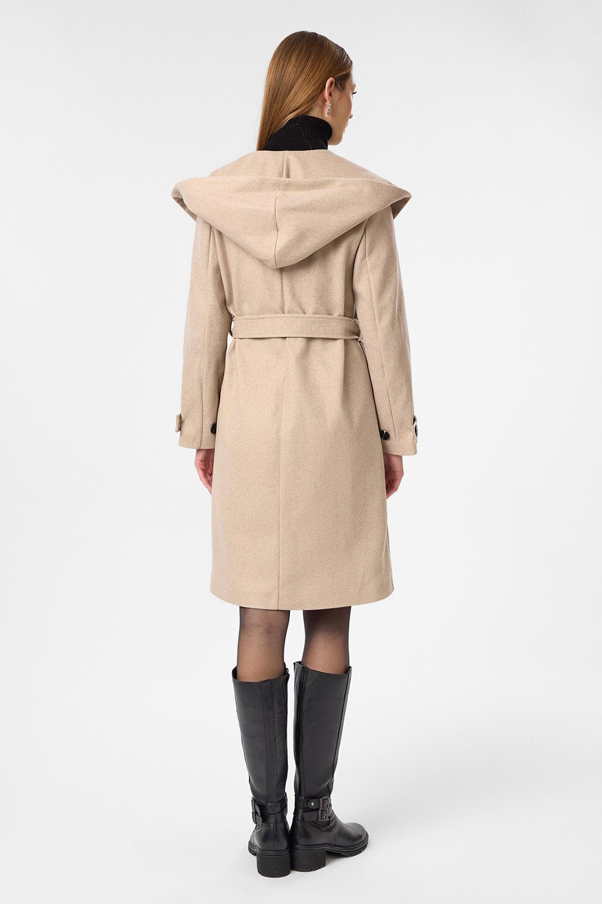 Tiffany Tomato  Kapüşonlu Kaşe Kaban - Görsel 3