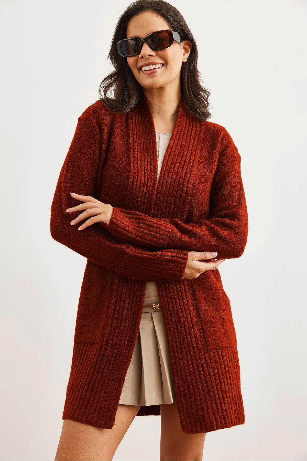 Women's Tile Pocket Collar Detailed Soft Textured Knitwear CardiganHRK-19000322