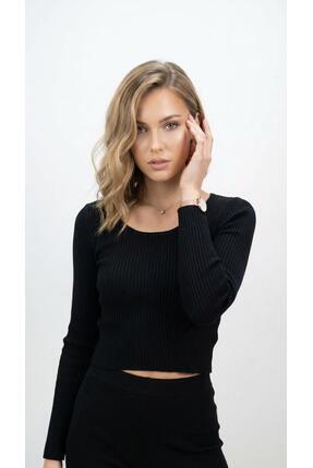 Velvera Butik Lüx Kalite Açık Yaka Triko Crop Siyah