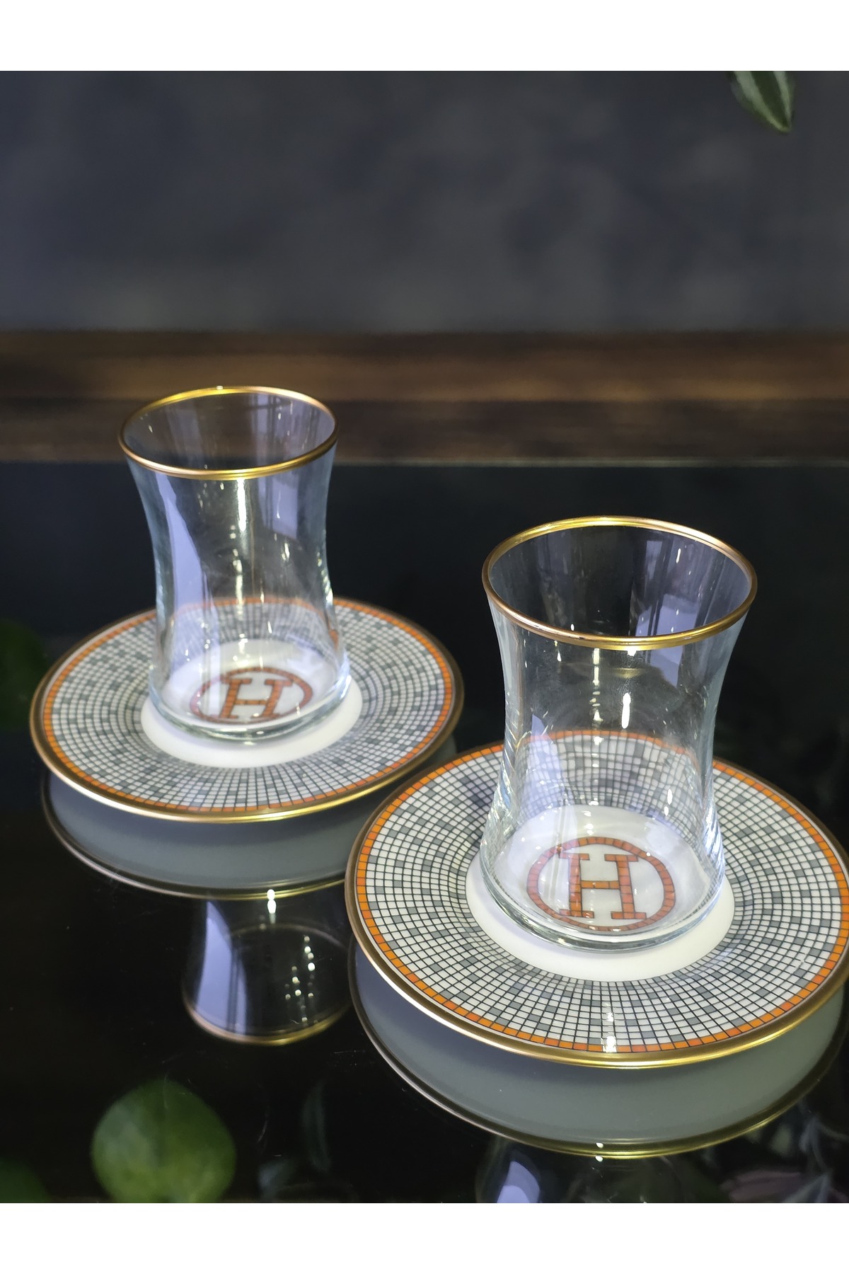 FERMATO Handmade Crystal Honey Orange Tea Set for 2 People