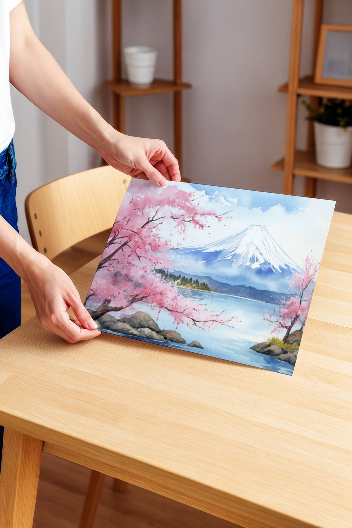 Artiqa Suluboya Fuji Dağı ve Sakura Çerçevesiz Poster – Japonya