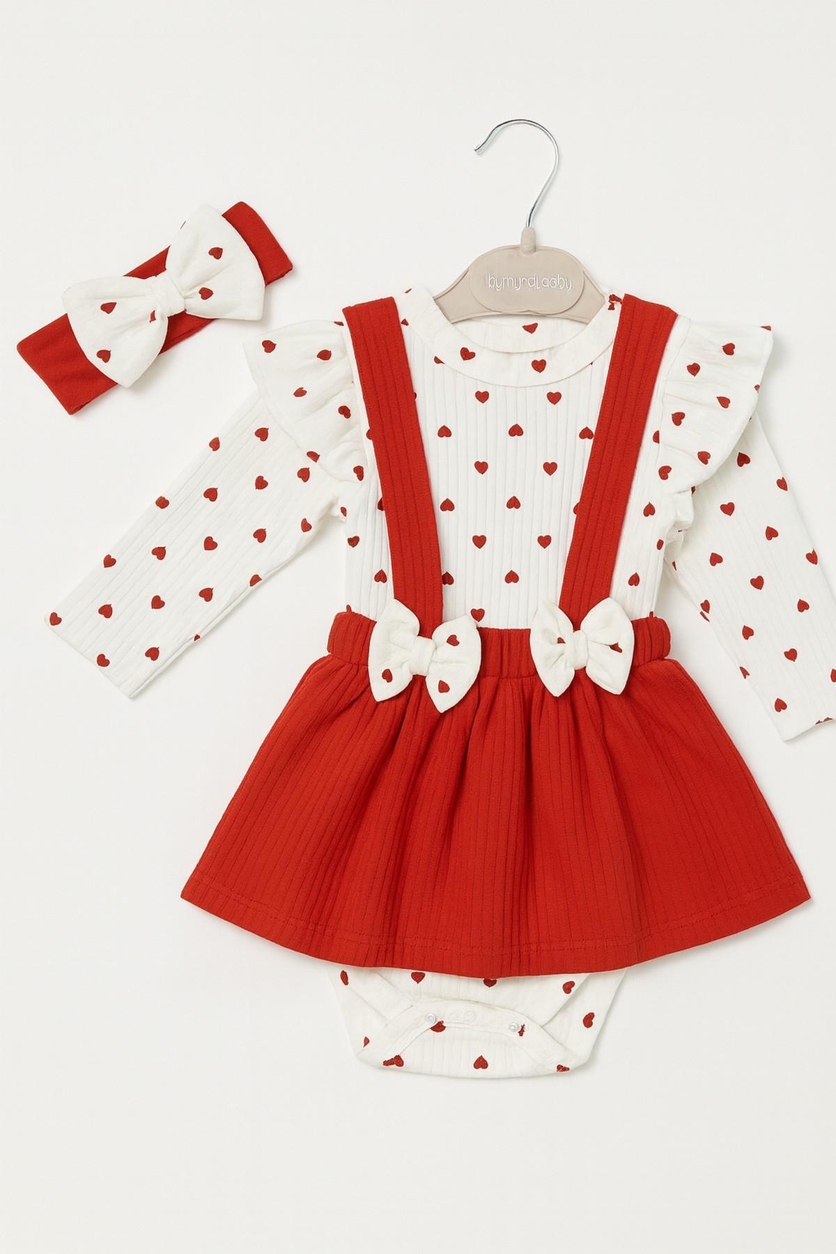 dinamik çocuk Kız Bebek Kalp Çiçek Raporlu Fiyonk Detaylı Bandanalı Alttan Çıtçıtlı Badili Salopet Elbise 3lü Takı fotoğrafı 4 (önizleme)