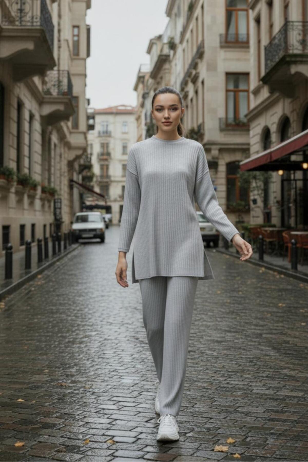 Cotton Ribbed Women's Blouse Pants 2pcs Set