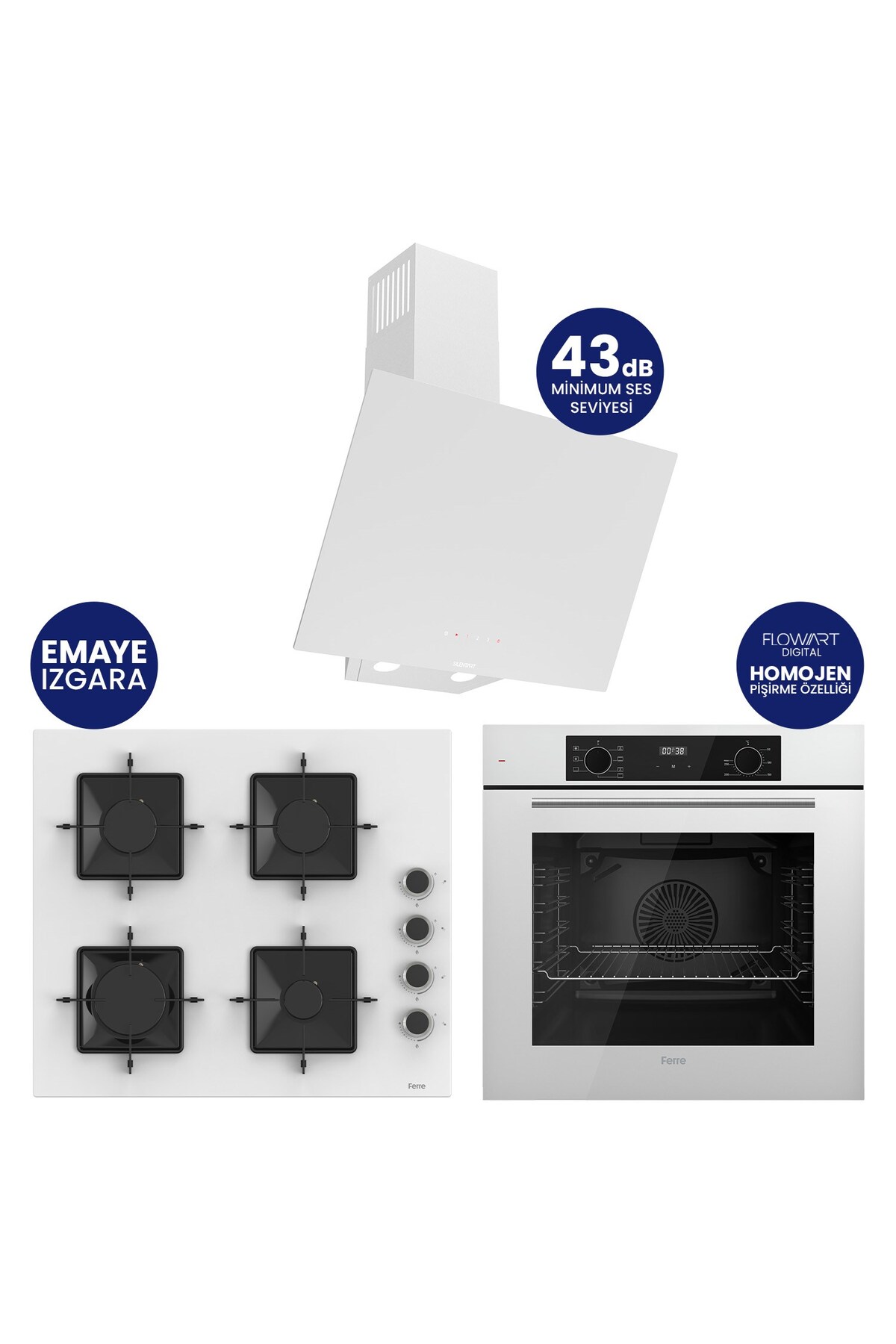 Ferre FlowArt Digital Beyaz Cam Ankastre Set QBL63CB+SS206+D078-SA