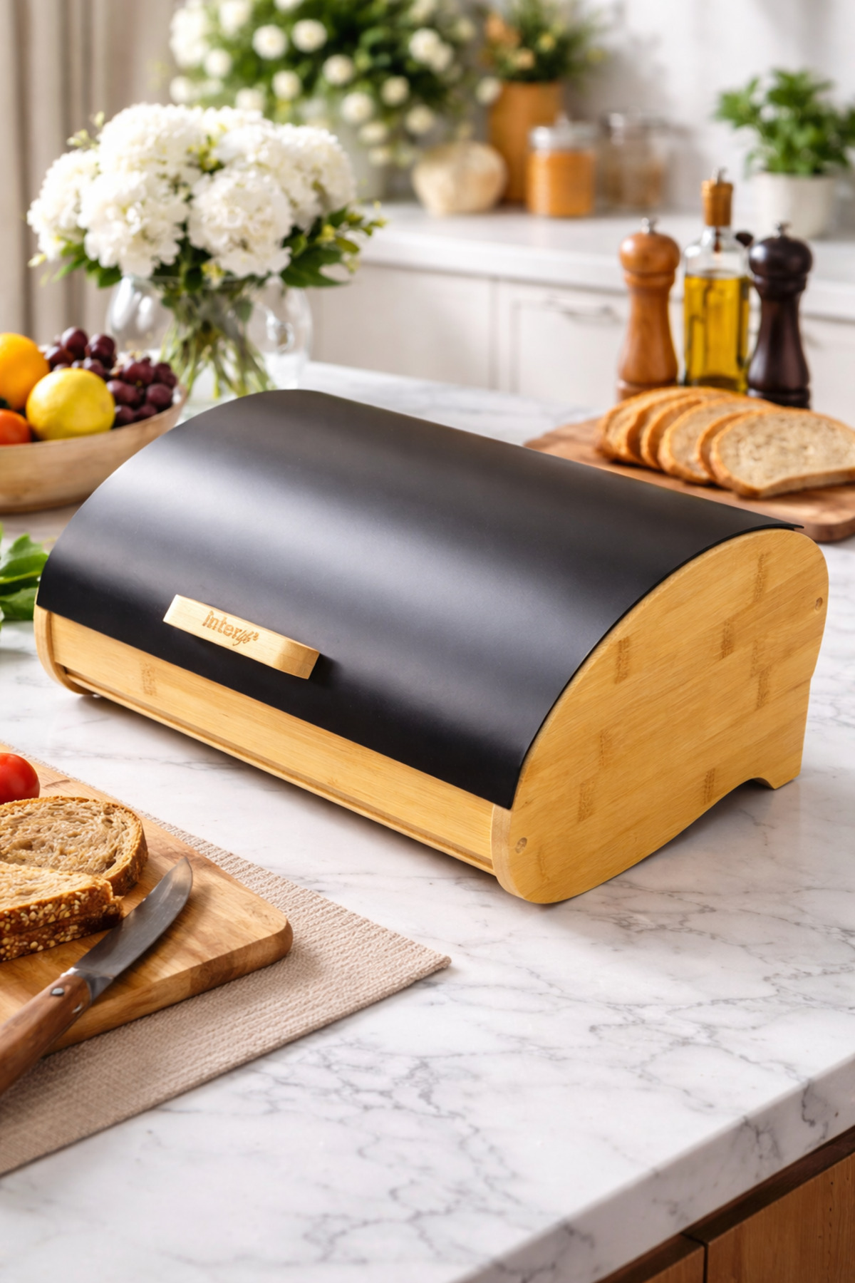 Bamboo Bread Box with Lid | Wooden Bread Basket with Metal Lid on Countertop White Color LARGE VOLUME