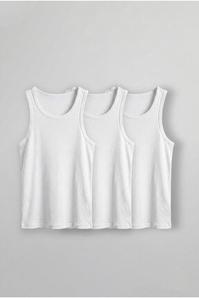 ablukaonline Erkek %100 Pamuklu Basic Fitilli Sporcu Atlet 3'lu Set Beyaz