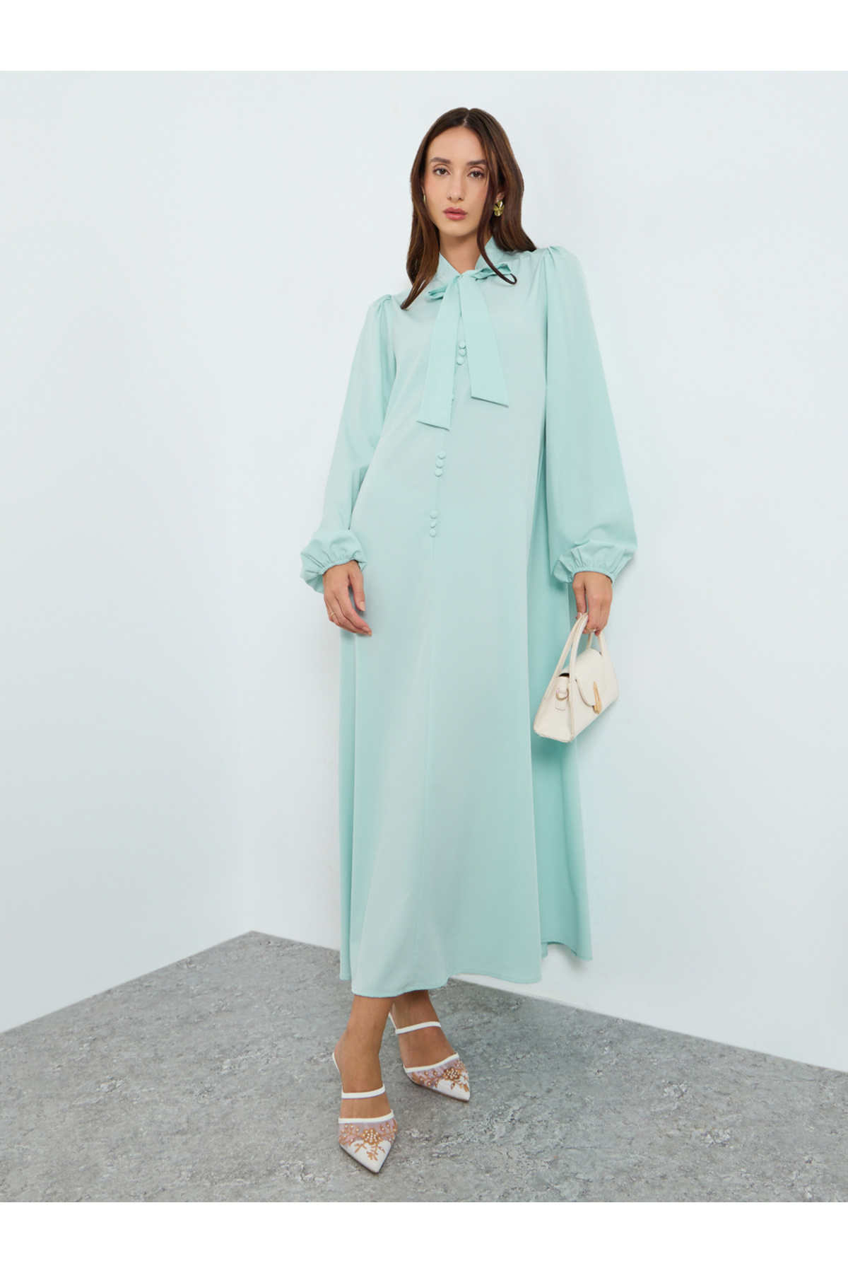Take Two By Styli Women Tie-Up Neck Maxi Dress with Volume Sleeves
