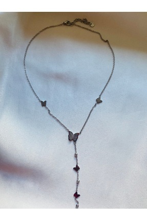 M&S Moon Shine Çelik Kelebek Figürlü Taşlı Y Kolye